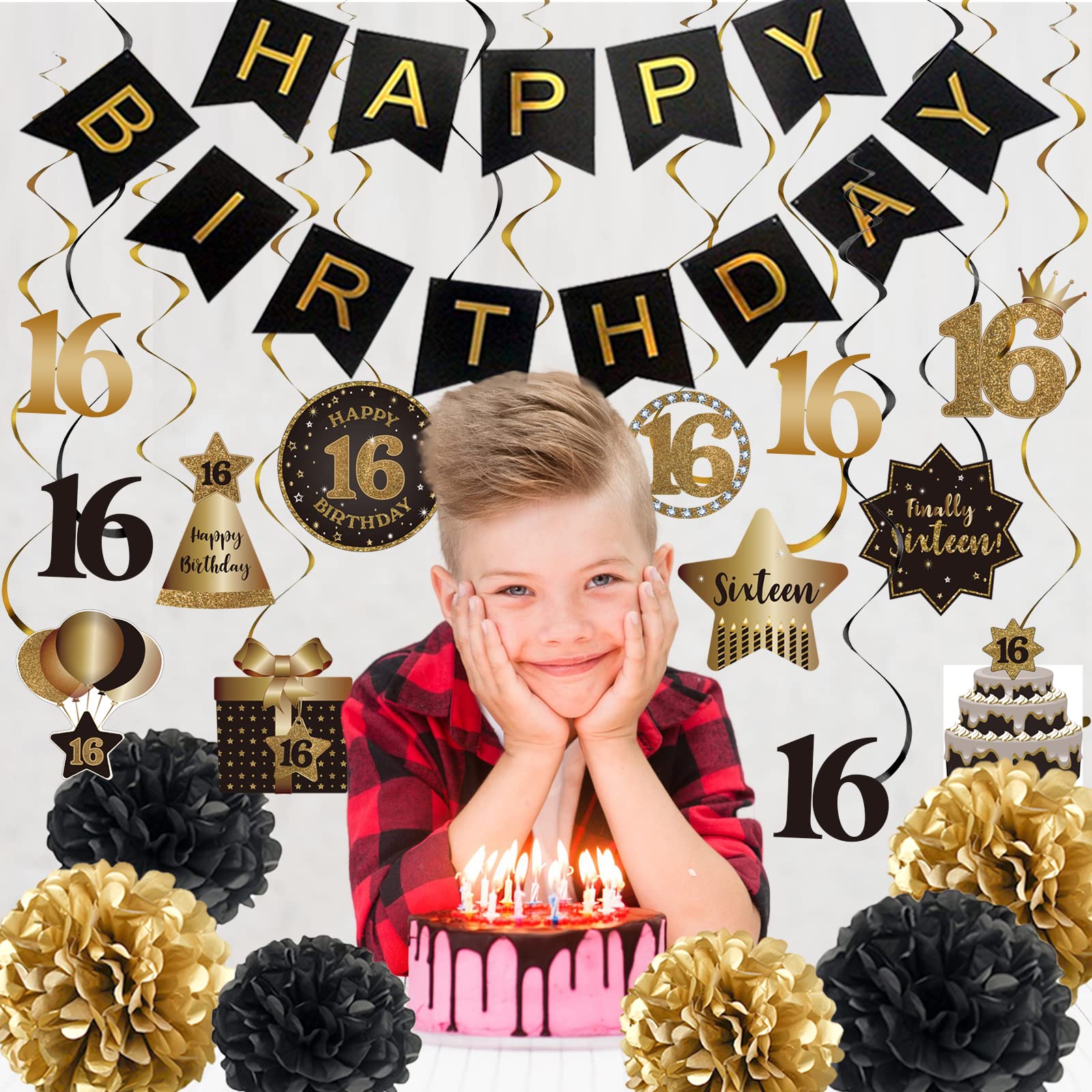 BRT Bearingshui Happy 16th Birthday Decorations Set - Gold & Black Swirl Streamers, Tissue Pom Poms & Hanging Banner for Sweet 16 Party Backdrop | Perfect for Birthday Celebrations, Milestone Decor & Photo Booth Backgrounds