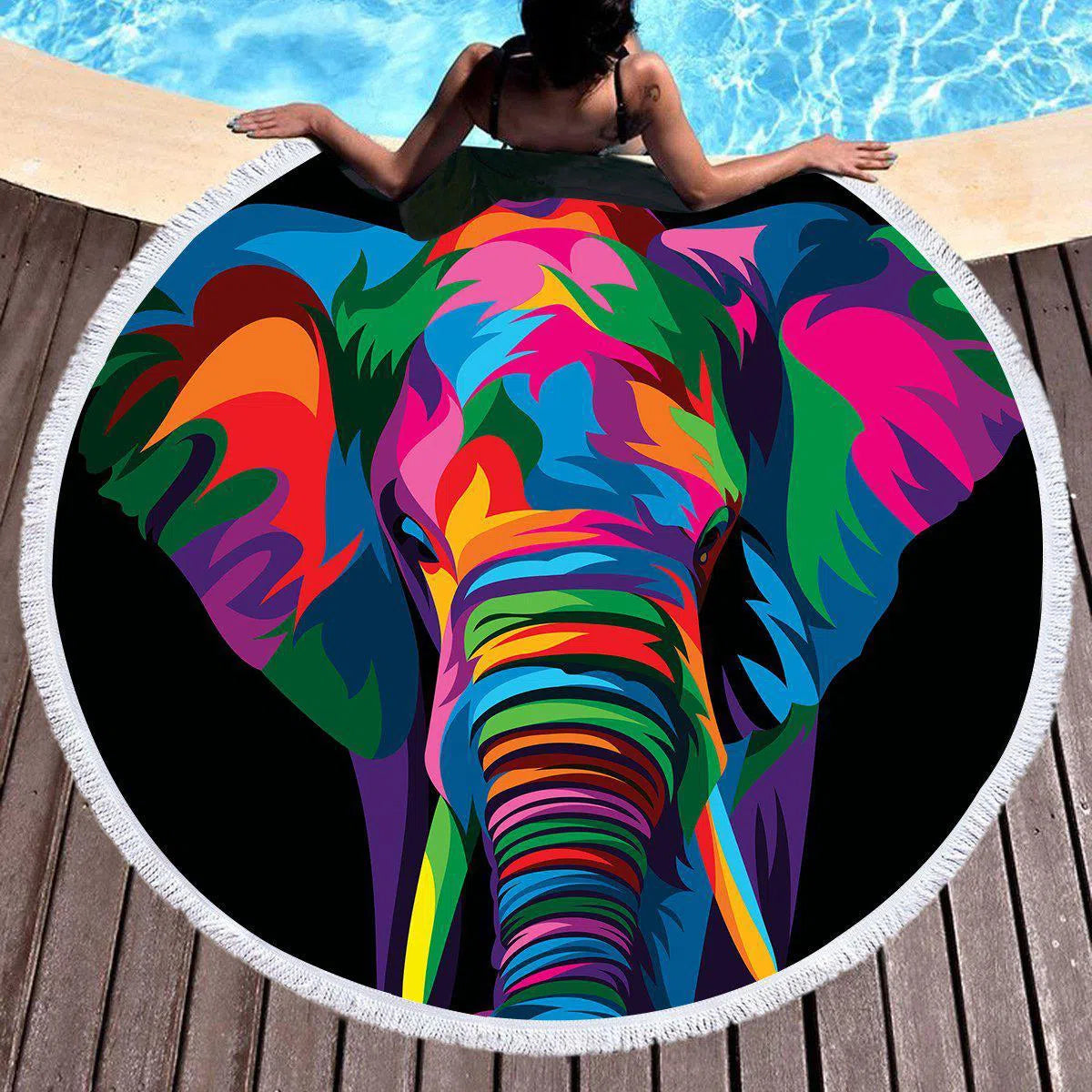 Colorful Elephant Print Round Beach Towel - Soft & Absorbent for Pool, Picnic, Yoga, and Outdoor Activities
