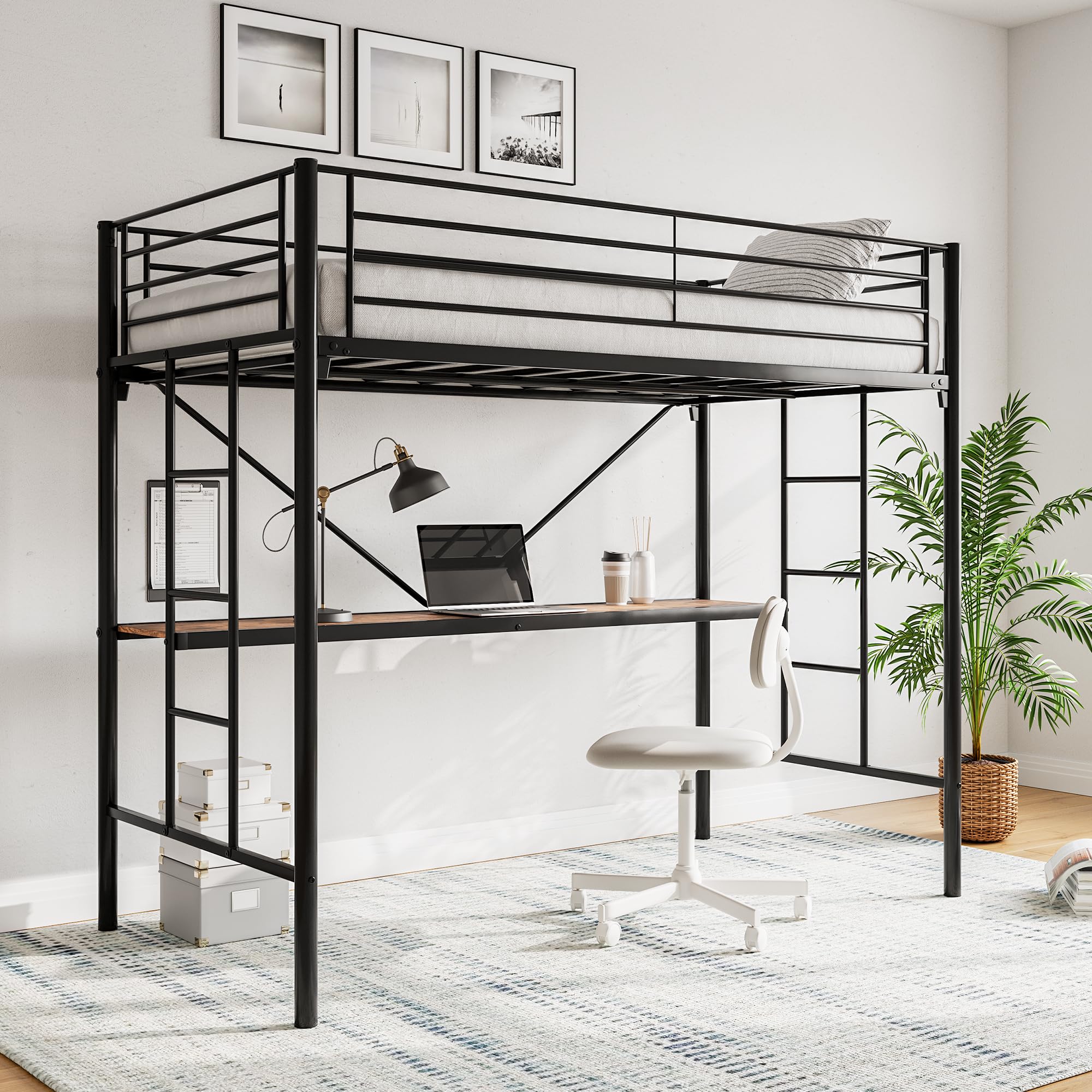 JURMERRY Metal Loft Bed with Desk & 2 Ladders - Twin Size Black Space-Saving Loft Bed with Safety Guard Rail, No Box Spring Required - Perfect for Small Bedrooms, Dorm Rooms & Studio Apartments