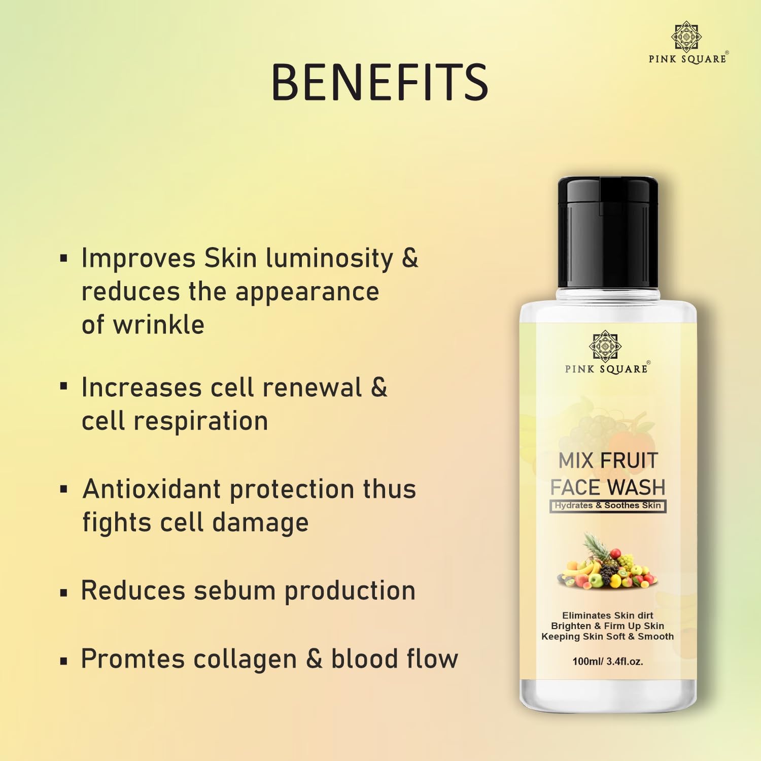 Pink Square Mix Fruit Deep Cleansing Face Wash - 100ml Gentle Foaming Cleanser for All Skin Types | Brightening & Glowing Skin | Perfect for Daily Skincare Routine & Travel