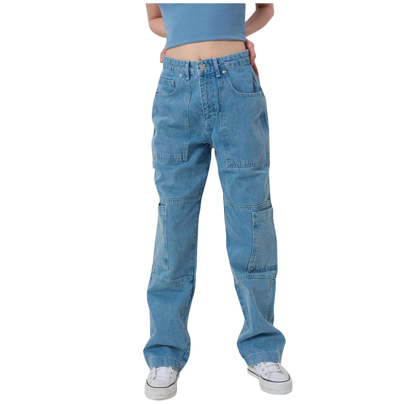 **Women's High Waist Splice Leg Pocket Jeans - Casual Wide Fly Solid Trousers with Zipper & Drawstring - Plus Size White Pants for Everyday Wear & Street Style**