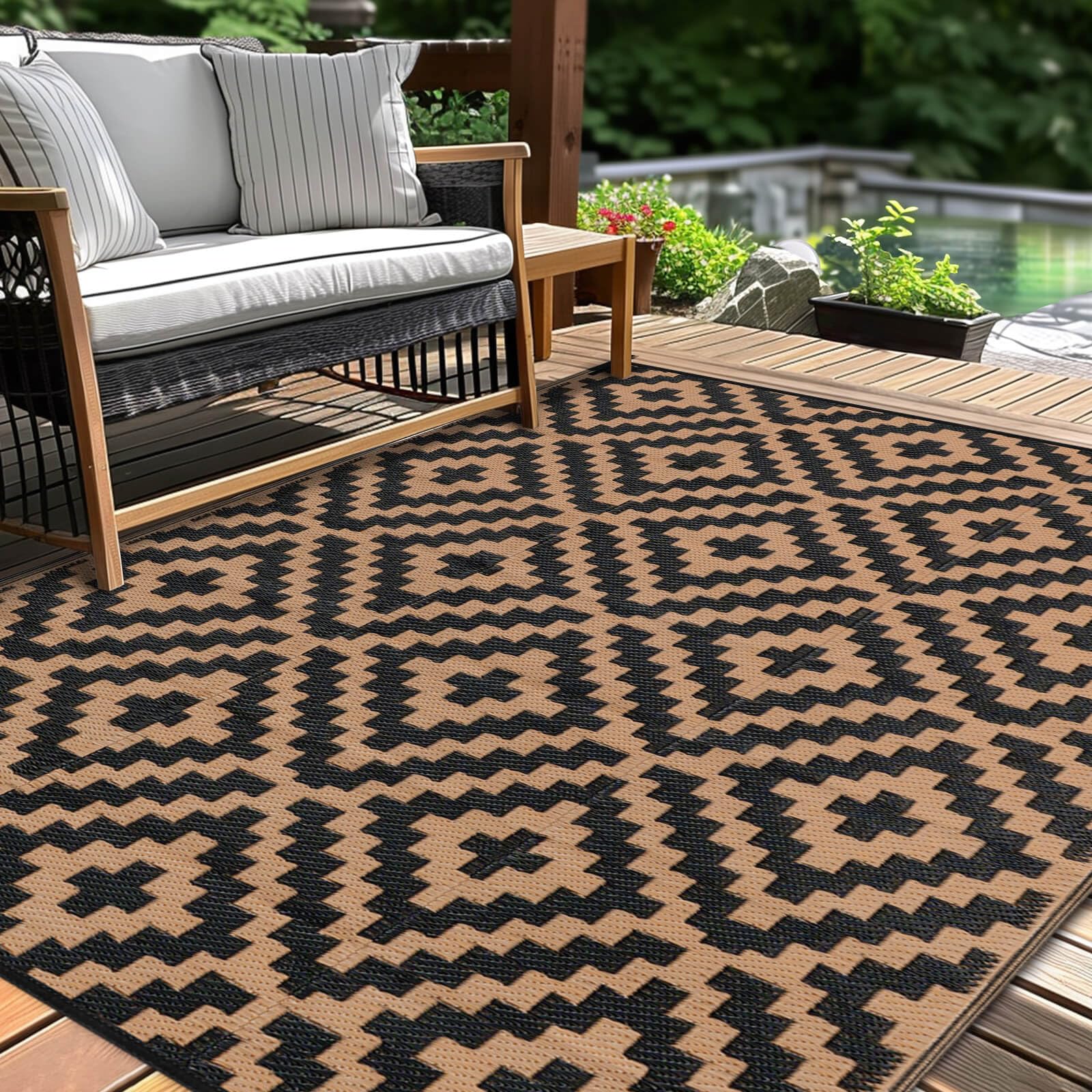 4'x6' Waterproof Reversible Outdoor Plastic Straw Rug - Durable Camping Mat for Patio, Deck, Porch, Balcony & RV | Perfect for Picnics, Beach Trips & Backyard Gatherings | Black & Brown