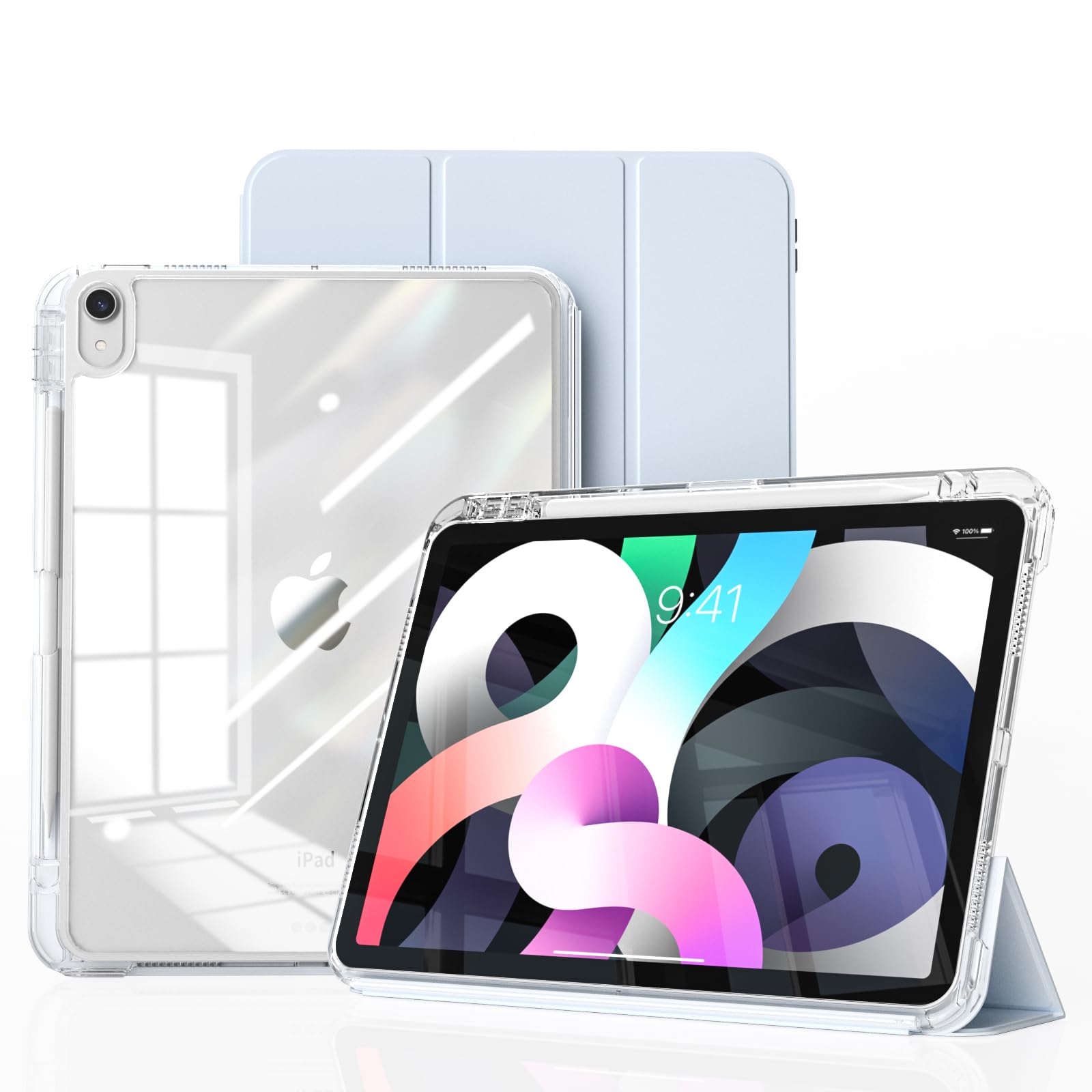 KenKe iPad Air 11-inch M2 (2024)/5th Gen (2022)/4th Gen (2020) Case with Pencil Holder - Detachable Clear Back Cover & Auto Sleep/Wake - Light Blue Protective Cover for Work, School & Travel