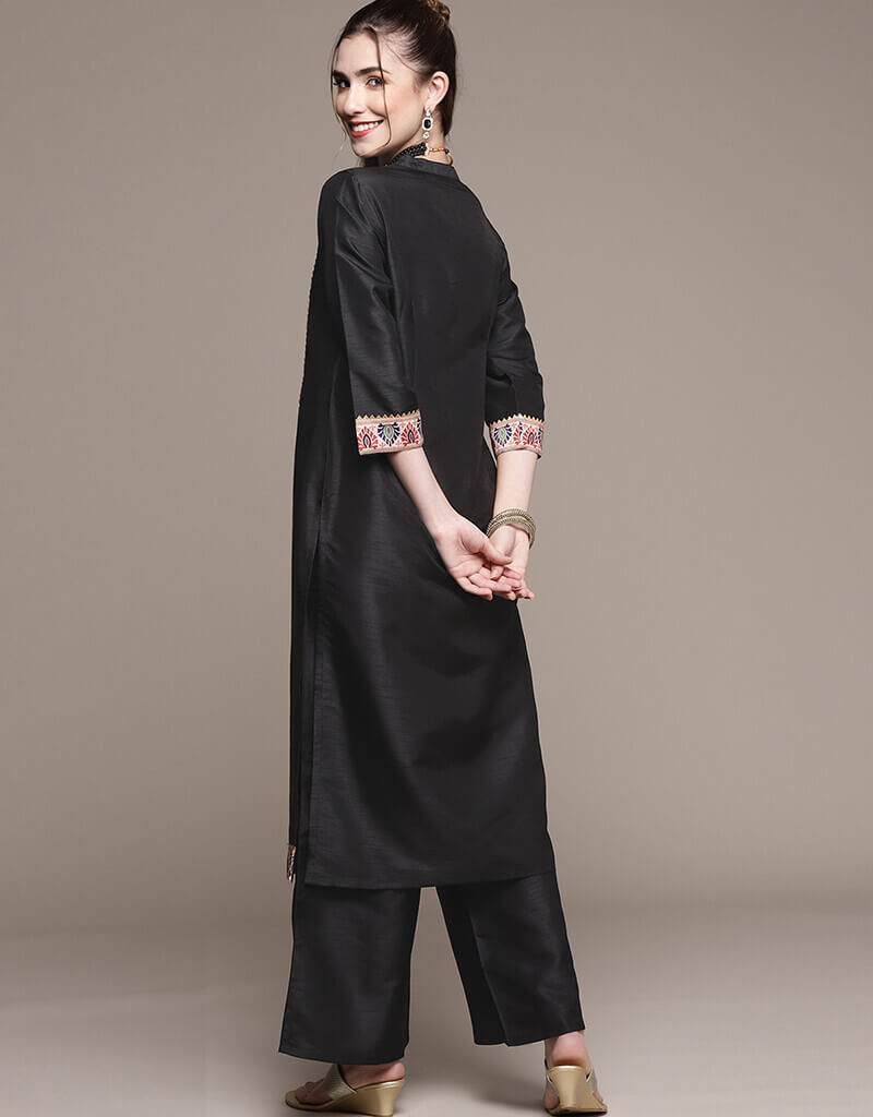 Black Poly Silk Palazzo Suit for Women - Elegant Wide Leg Pants & Top Set - Perfect for Casual Wear, Office Outfits & Special Occasions