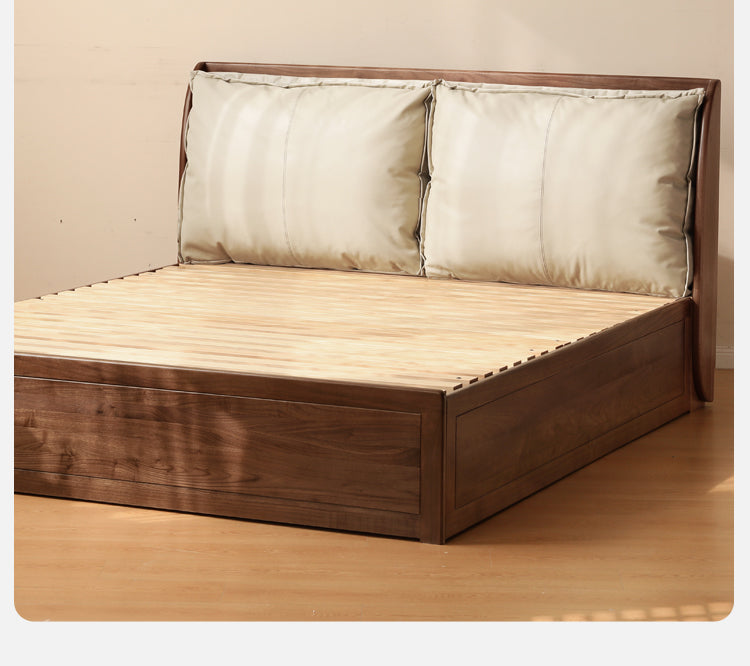 Solid Black Walnut Wood Bed with Genuine Leather Headboard - Luxury Bedroom Furniture for Master Suite, Guest Room & Modern Home Decor
