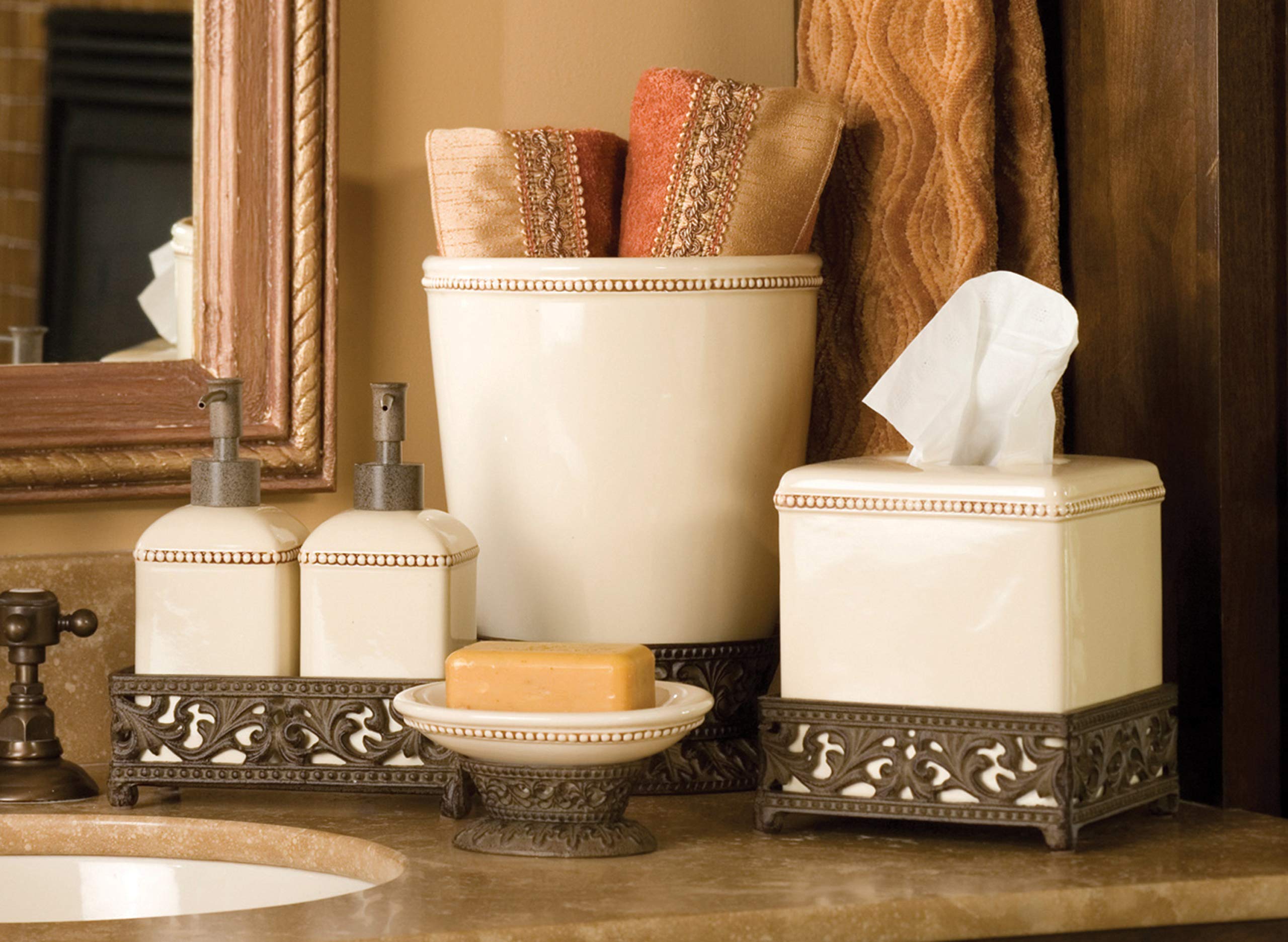Elegant Square Cream Ceramic Tissue Box Cover with Metal Base - Stylish Home Decor for Living Room, Bathroom, or Office