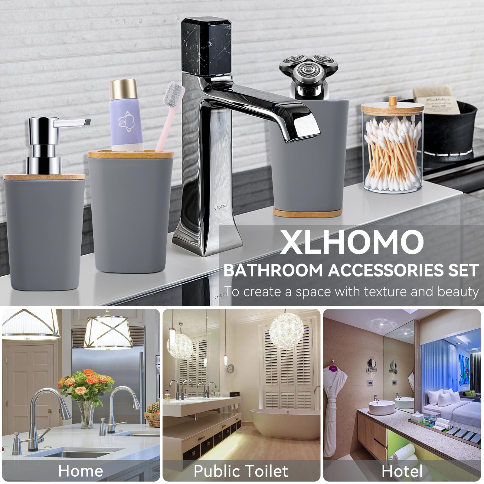 9-Piece Grey Bathroom Accessories Set - Toothbrush Holder, Soap Dispenser, Trash Can & More | Modern Bathroom Decor for Home, Apartment, Hotel (Toothbrush Cup, Vanity Tray, Soap Dish, Toilet Brush, Qtip Holder Included) - Perfect for Guest Bathrooms & Spa-Style Showers