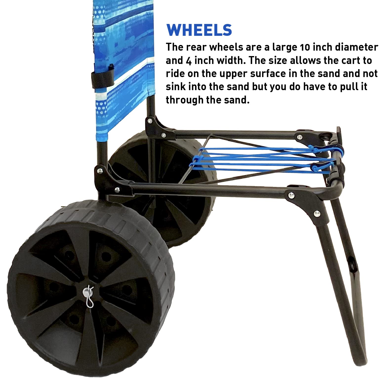 EasyGo Medium Duty Folding Beach Cart with Large Sand Wheels - Holds 4-6 Beach Chairs - Includes Elastic Tie Downs & Storage Pouch - Blue Striped Pattern - Perfect for Beach Trips, Picnics & Outdoor Adventures
