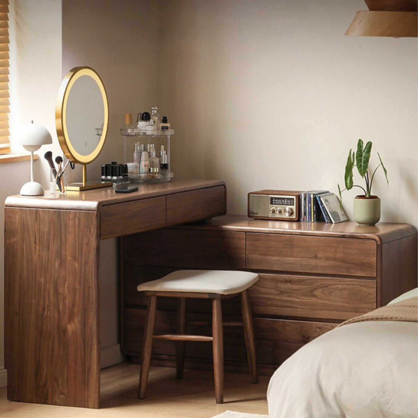 Solid Black Walnut Wood Dressing Table with Drawers - Elegant Vanity Desk for Bedroom, Makeup & Jewelry Storage
