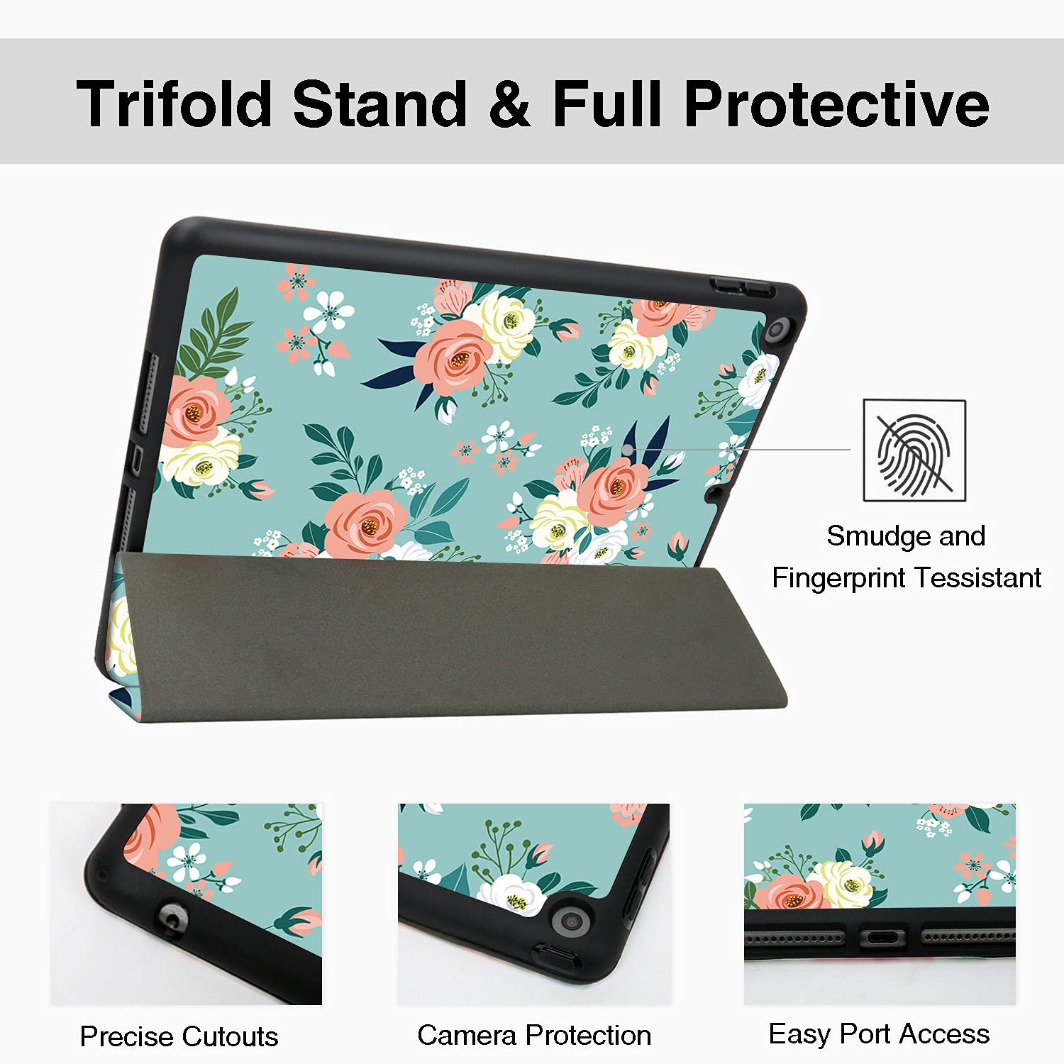 HiSpace iPad Case for 9th/8th/7th Generation 10.2-inch (2021/2020/2019 Models A2270 A2428 A2429 A2197) - Rose Flower & Green Teal Floral Design with Pencil Holder, Shockproof Protective Cover featuring Auto Sleep/Wake | Perfect for Work, School & Travel