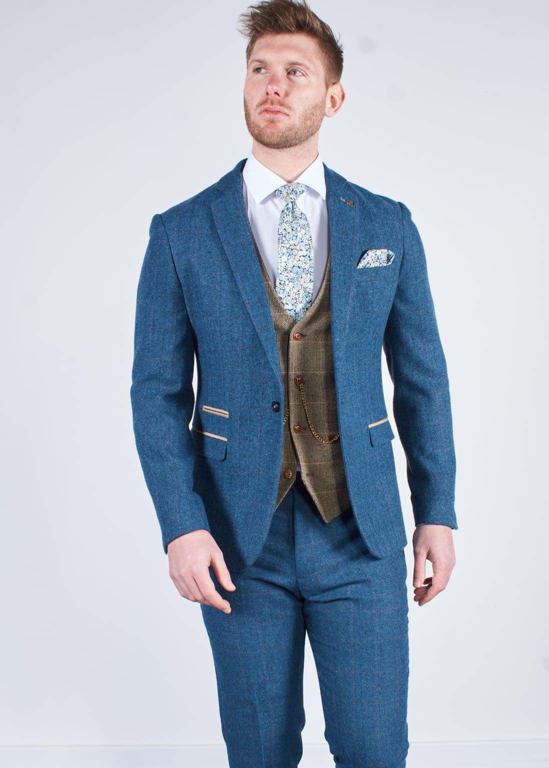 Marc Darcy Blue Tweed 3-Piece Wedding Suit with Brown Waistcoat | Formal Groom Attire for Weddings, Prom & Special Occasions