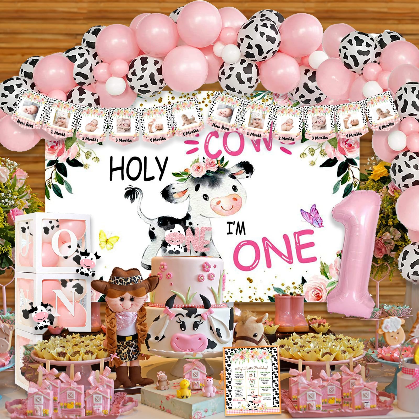 1st Birthday Decorations for Girls - Holy Cow I'm One Cow Print Party Supplies | First Birthday Party Decorations for One Year Old Girls | Perfect for Cow-Themed Birthday Parties, Baby Showers & Milestone Celebrations