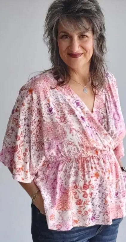 Floral Print Blouse with Kimono Sleeves - Elegant Women's Tops for Casual Wear, Date Night & Summer Outfits