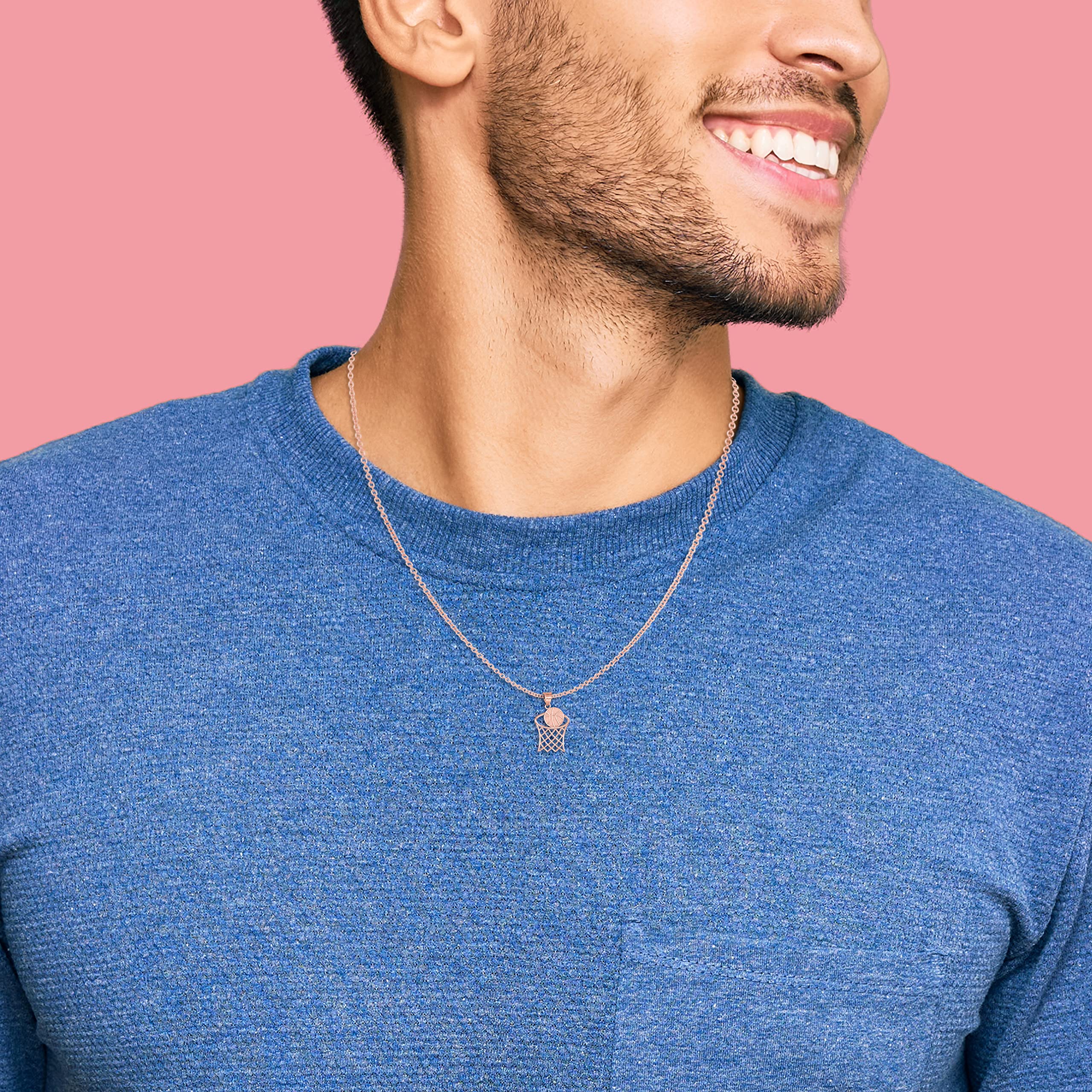 14K Rose Gold Textured Hoop & Basketball Charm Pendant Necklace for Women - Elegant Layering Jewelry for Everyday Wear, Sports Enthusiasts Gift, Basketball Lover Present