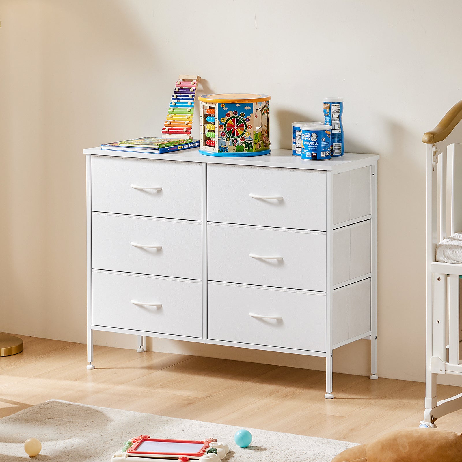 6-Drawer Wide Fabric Dresser for Bedroom with Metal Frame & Wooden Top - TV Stand, Clothes Storage Organizer for Master Bedroom, Guest Room & Dormitory