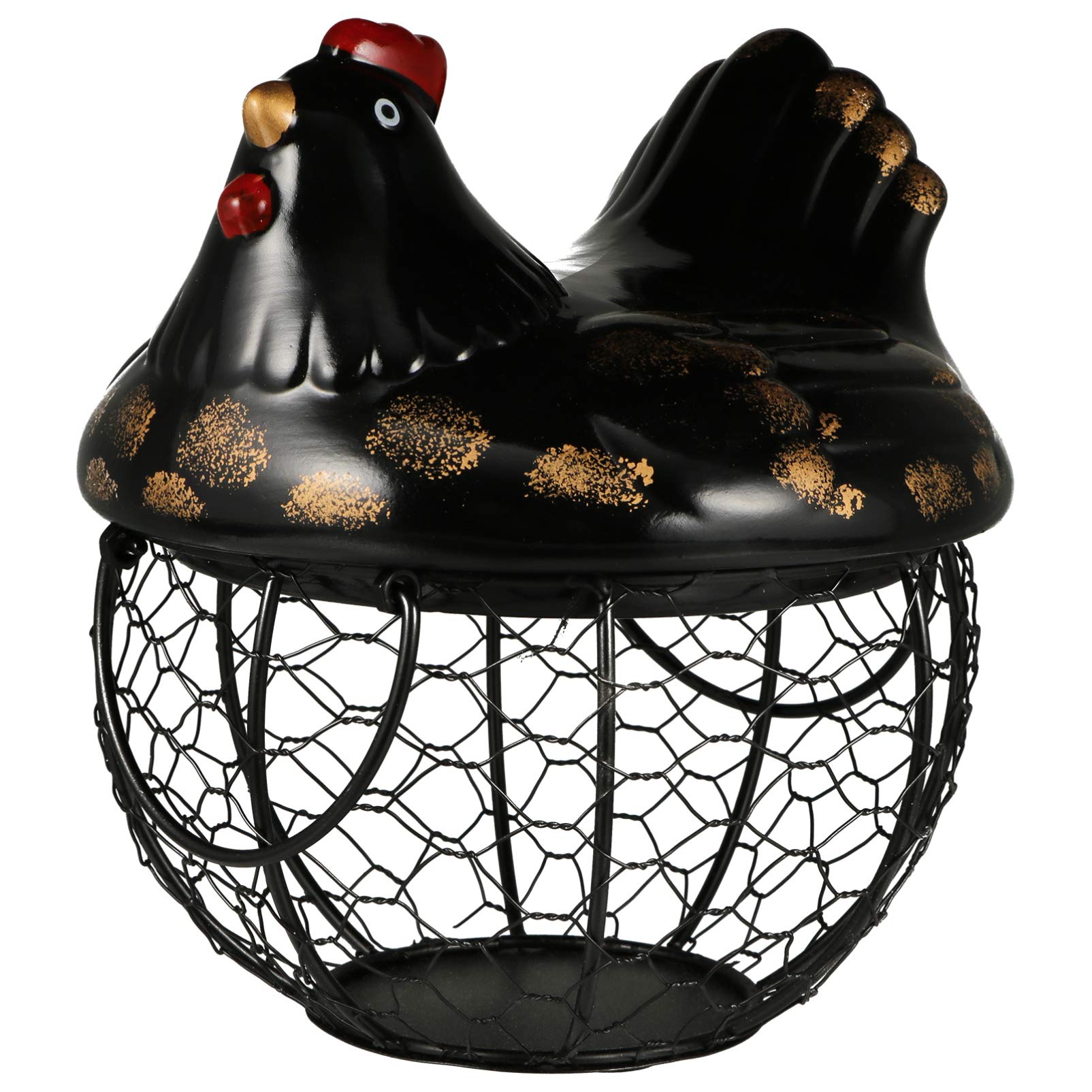 Vintage Metal Wire Egg Storage Basket with Ceramic Farm Chicken - Rustic Farmhouse Kitchen Decor for Eggs, Fruits & Snacks - Black Handled Basket with Lid for Home, Pantry & Country Style Decor
