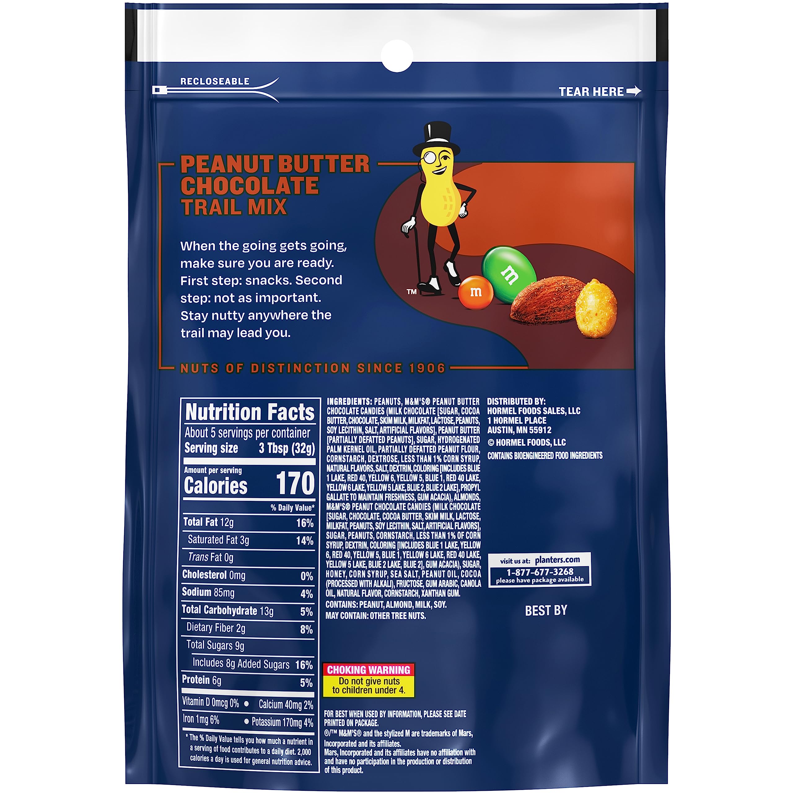 Planters Peanut Butter Chocolate Trail Mix with Honey Peanuts, M&M Peanut Butter & Peanut Chocolate Candies, Cocoa Almonds - 12 Pack (6 oz Bags) - Perfect for Hiking, Snacking & Office Breaks