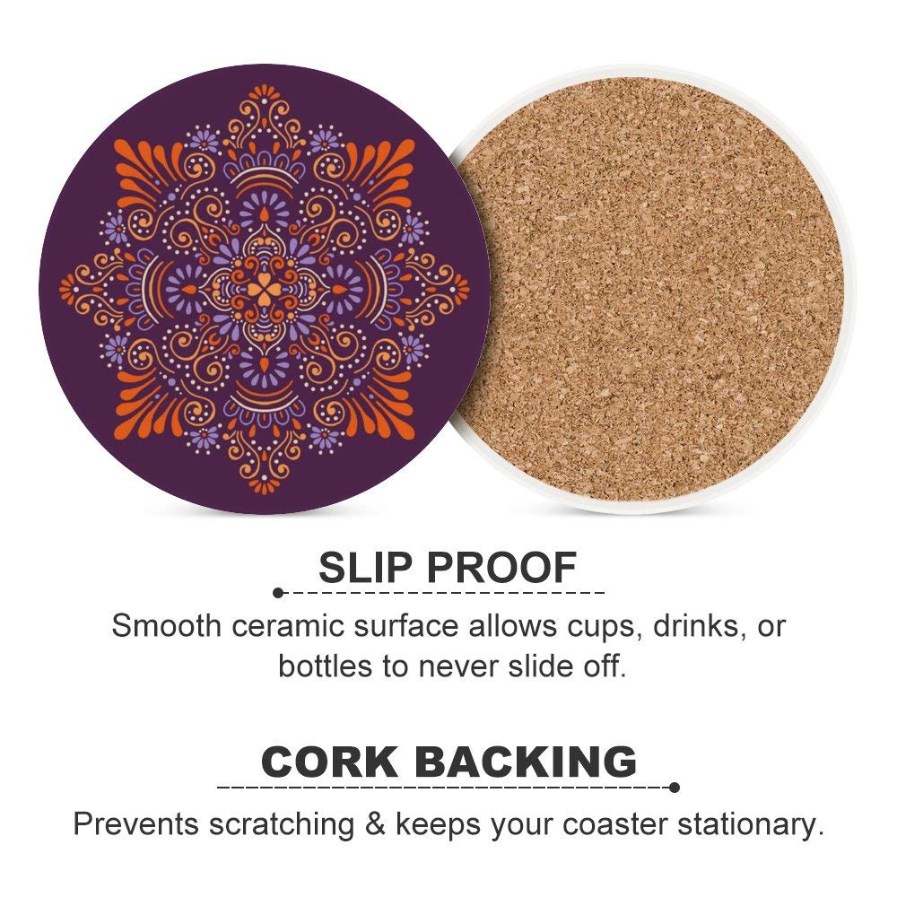Absorbent Ceramic Coasters with Exotic Ethnic Purple Pattern - Set of 2 Round Drink Coasters with Cork Base for Coffee Cups & Glasses | Perfect for Bar, Farmhouse & Home Decor