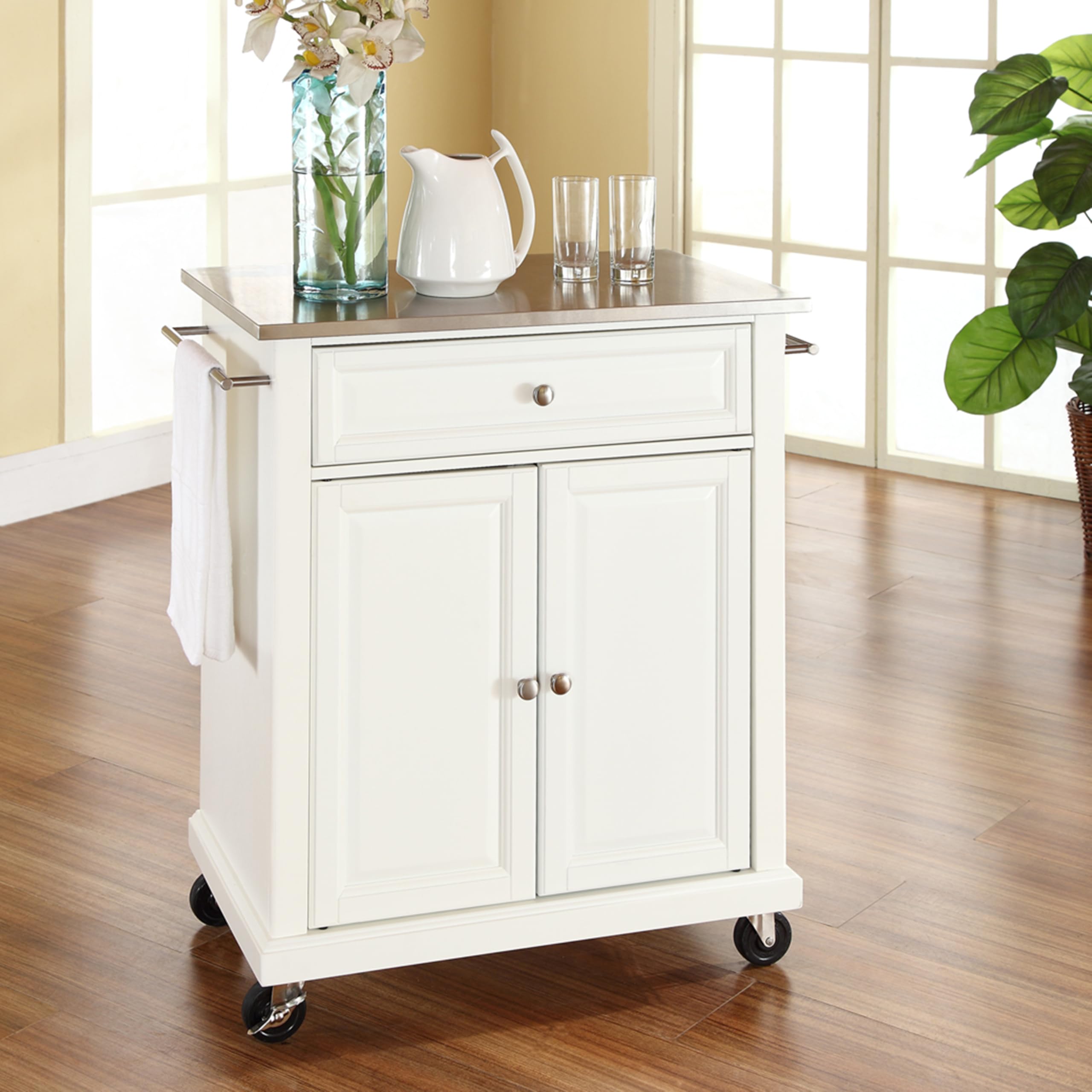 Compact Stainless Steel Rolling Cart with Shelves - White Microwave Stand & Towel Rack | Perfect for Kitchen, Bathroom, Dorm & Office Organization | Crosley Furniture