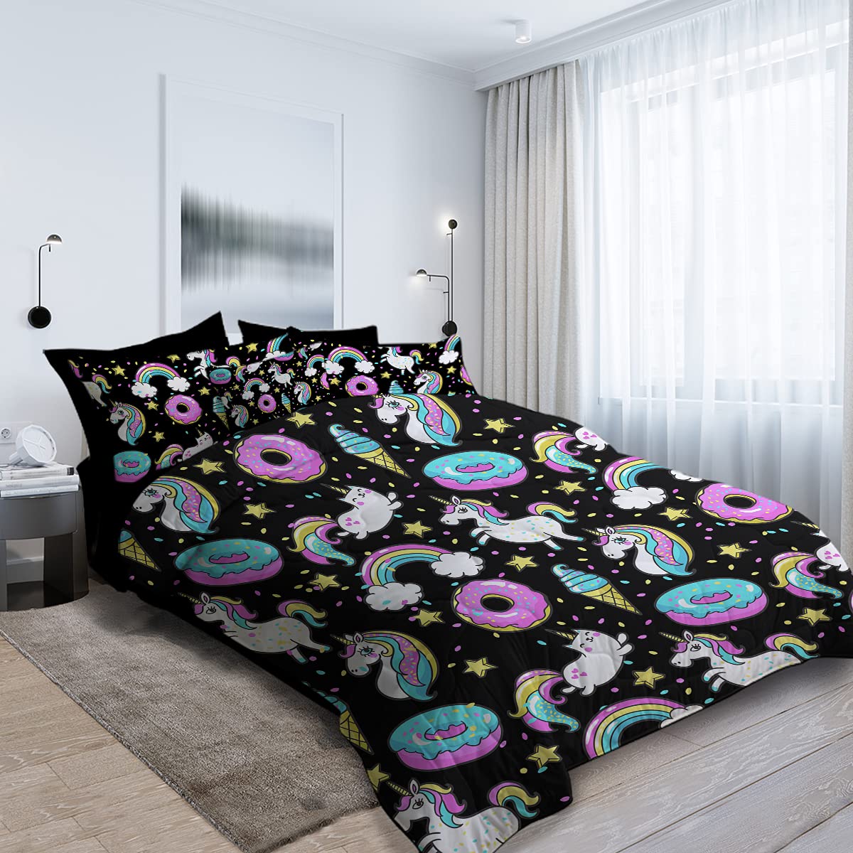 **Unicorn Donut Bedding Set - Cute Cartoon Rainbow Comforter 8-Piece Queen Size (Black/Pink) - Includes 1 Comforter, 2 Pillow Shams, 1 Flat Sheet, 1 Fitted Sheet, 1 Cushion Cover, 2 Pillowcases - Perfect for Kids' Room, Teen Girls' Bedroom & Themed Sleepovers**