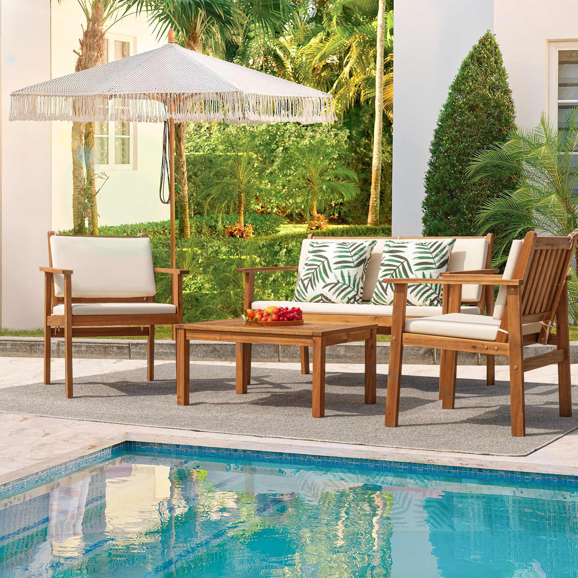 Flamaker 4-Piece Acacia Wood Outdoor Patio Furniture Set with Table & Cushions - Durable Conversation Sofa for Deck, Balcony, Backyard, Garden & Poolside Relaxation
