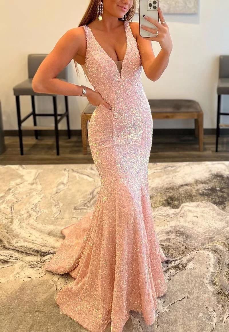 Sparkly Sequin Prom Dresses for Women - Long Deep V-Neck Sexy Mermaid Formal Evening Gown with Backless Design in Lavender (Size US12) | Perfect for Homecoming, Cocktail Parties, and Special Occasions