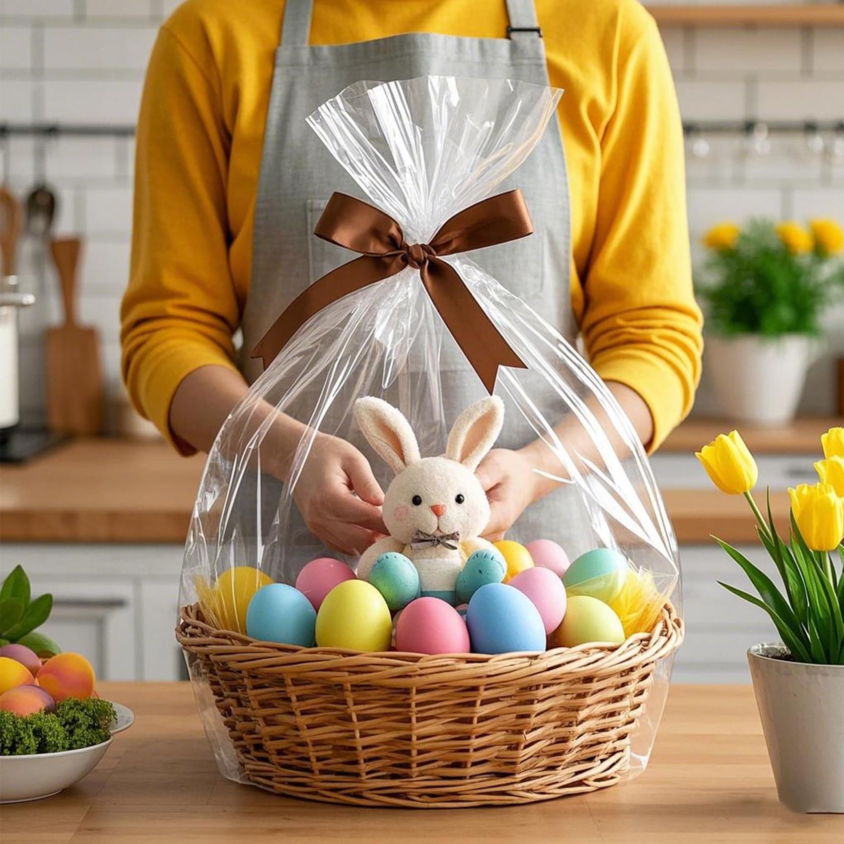 Morepack Easter Large Clear Cellophane Gift Baskets Bags 30x30 Inches - 10 Pack for Easter Baskets, Party Favors, Gift Wrapping & Holiday Decorations