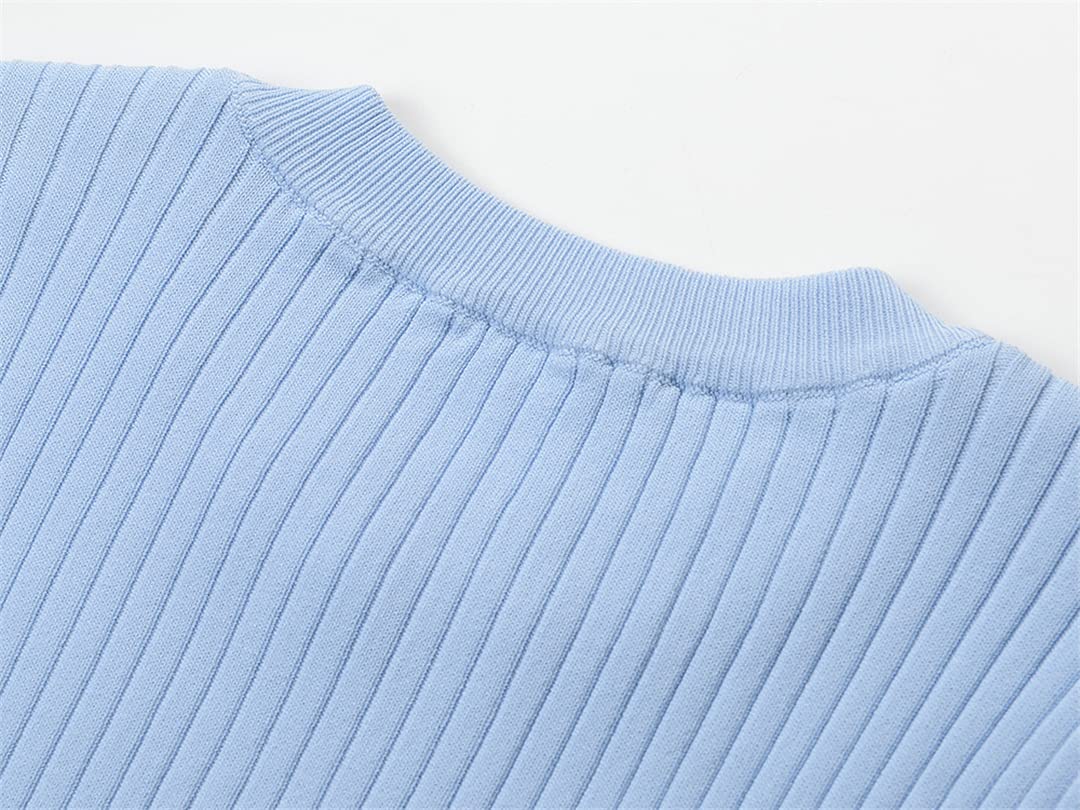 Women's Gold Button Short Sleeve Striped Knit Sweater - Loose Fit Casual Pullover Blue Top for Summer | Office Wear, Weekend Outfits & Beach Cover-Up
