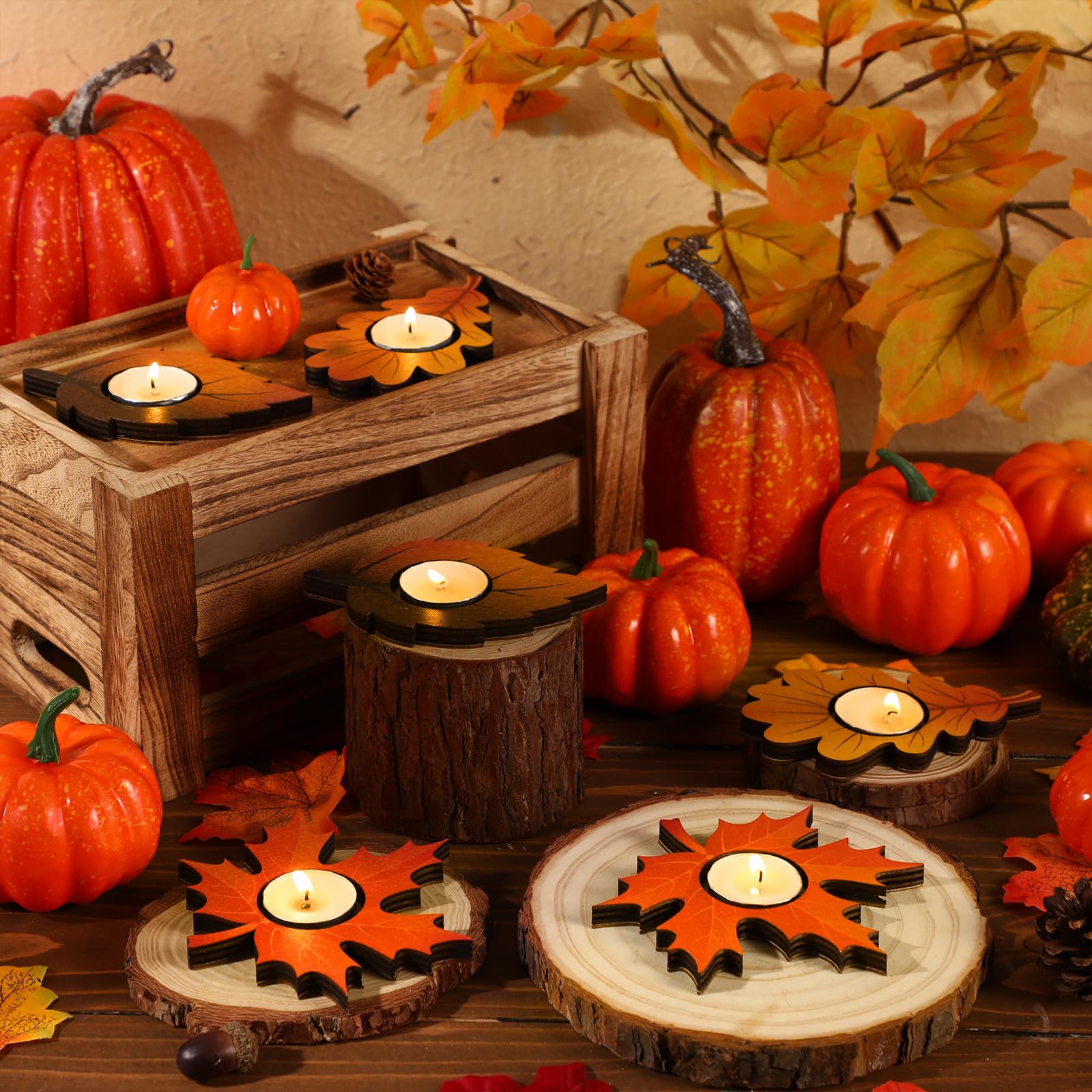 6 Pcs Fall Thanksgiving Candle Holders with 10 White Candles - Maple Leaf Harvest Table Centerpiece Decor, Tealight Holders for Home, Autumn Party, Mantel & Tabletop Decorations - Perfect for Thanksgiving Dinner, Fall Weddings & Cozy Home Ambiance