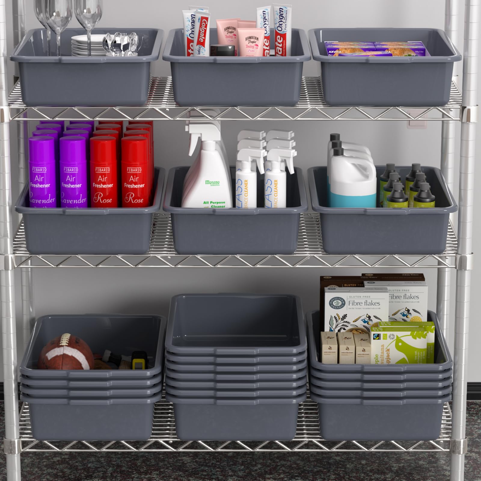 12-Pack Gray Commercial Plastic Bus Tubs – 13L Restaurant Dishwashing Containers for Kitchen, Food Service & Catering Use