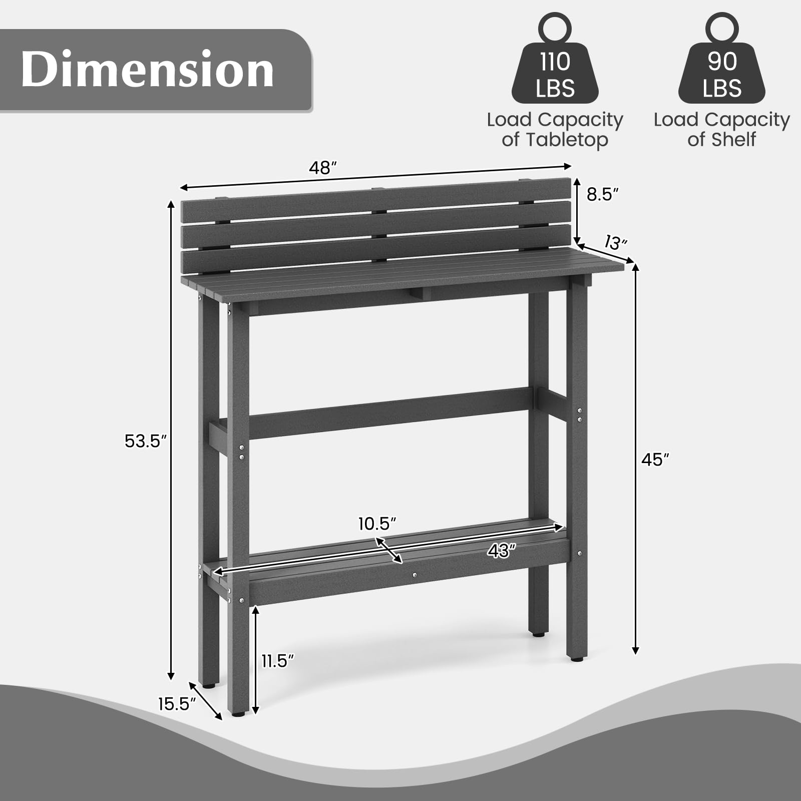 Tangkula 48 Inch Outdoor Bar Table with Storage Shelf - Adjustable Height Patio Pub Table, All-Weather Counter Height Dining Table for Hot Tub, Garden, Backyard & Small Spaces (Gray) | Perfect for Entertaining, Relaxing & Outdoor Dining