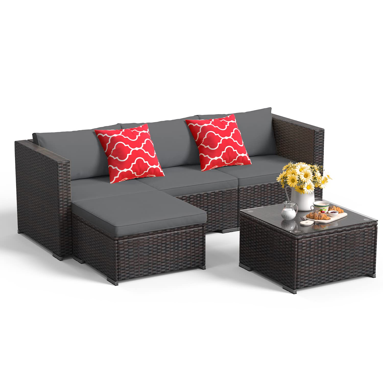 AIHO All-Weather Outdoor Patio Furniture Set - Grey Wicker Rattan Conversation Set with Tempered Glass Table | Perfect for Garden, Backyard, Poolside & Terrace Relaxation