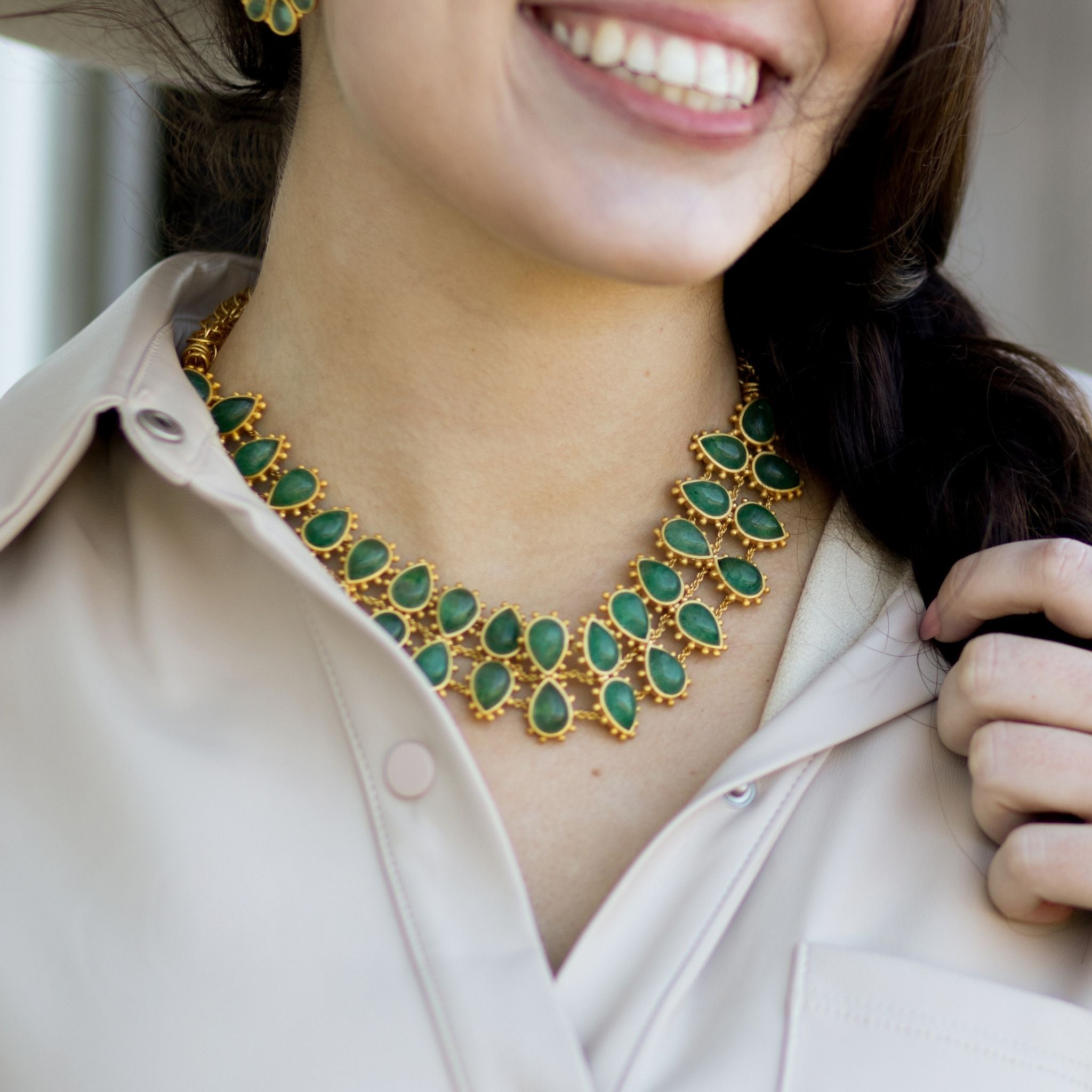 Rio Collar Necklace - Green Strawberry Quartz Statement Piece for Women | Elegant Boho Jewelry for Parties, Weddings & Everyday Wear
