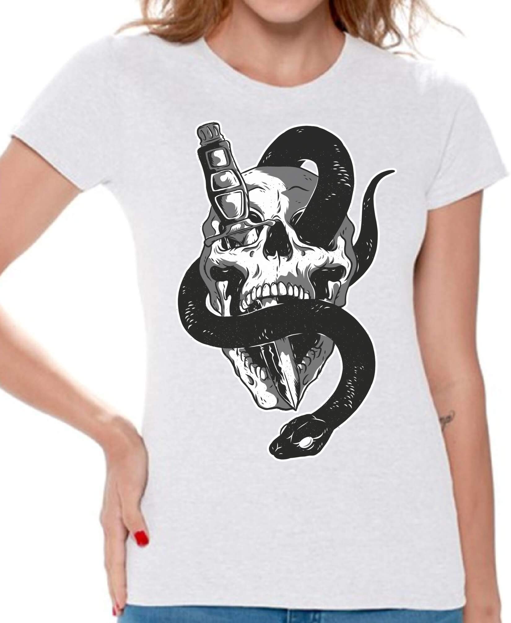 Awkward Styles Skull Print T-Shirt with Snake & Knife Design for Women | Gothic Streetwear Fashion | Perfect for Concerts, Halloween & Edgy Outfits