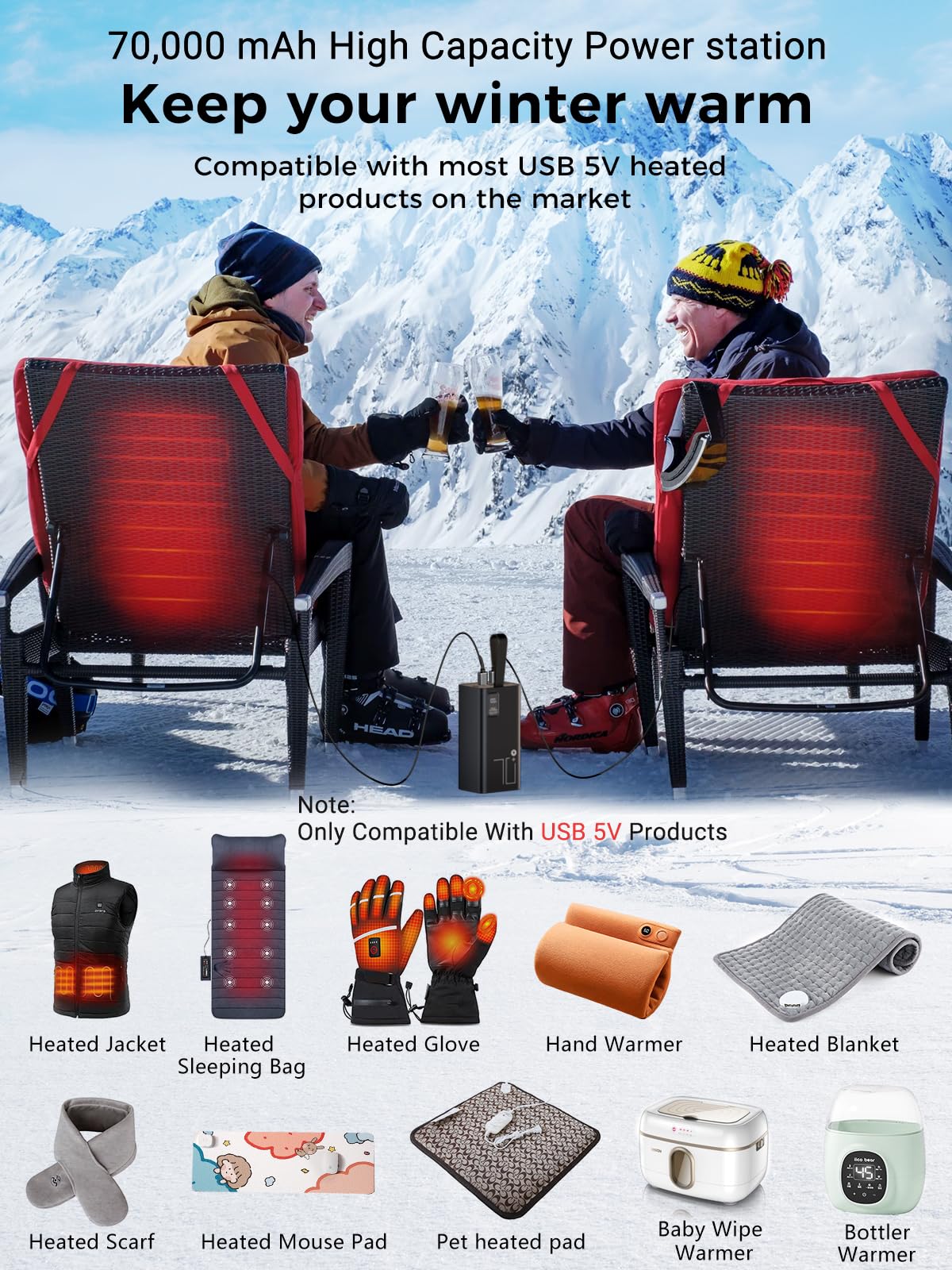 70,000mAh Portable Charger Power Bank - 30W PD & QC 3.0 Fast Charging, 5 Outputs & 2 Inputs USB-C Battery Pack with LED Display for iPhone, Android Phones, Tablets, Cameras - Perfect for Camping, Outdoor Travel, Emergency Power & Party Use