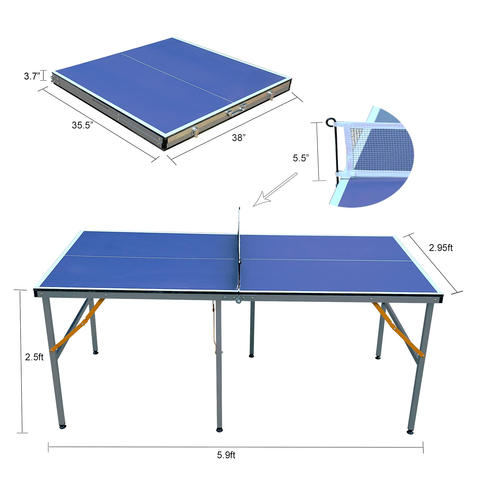 Foldable Mid-Size Table Tennis Table Set with Net, 2 Paddles & 3 Balls - Indoor/Outdoor Portable Ping Pong Table for Home, Office, Backyard & Party Games