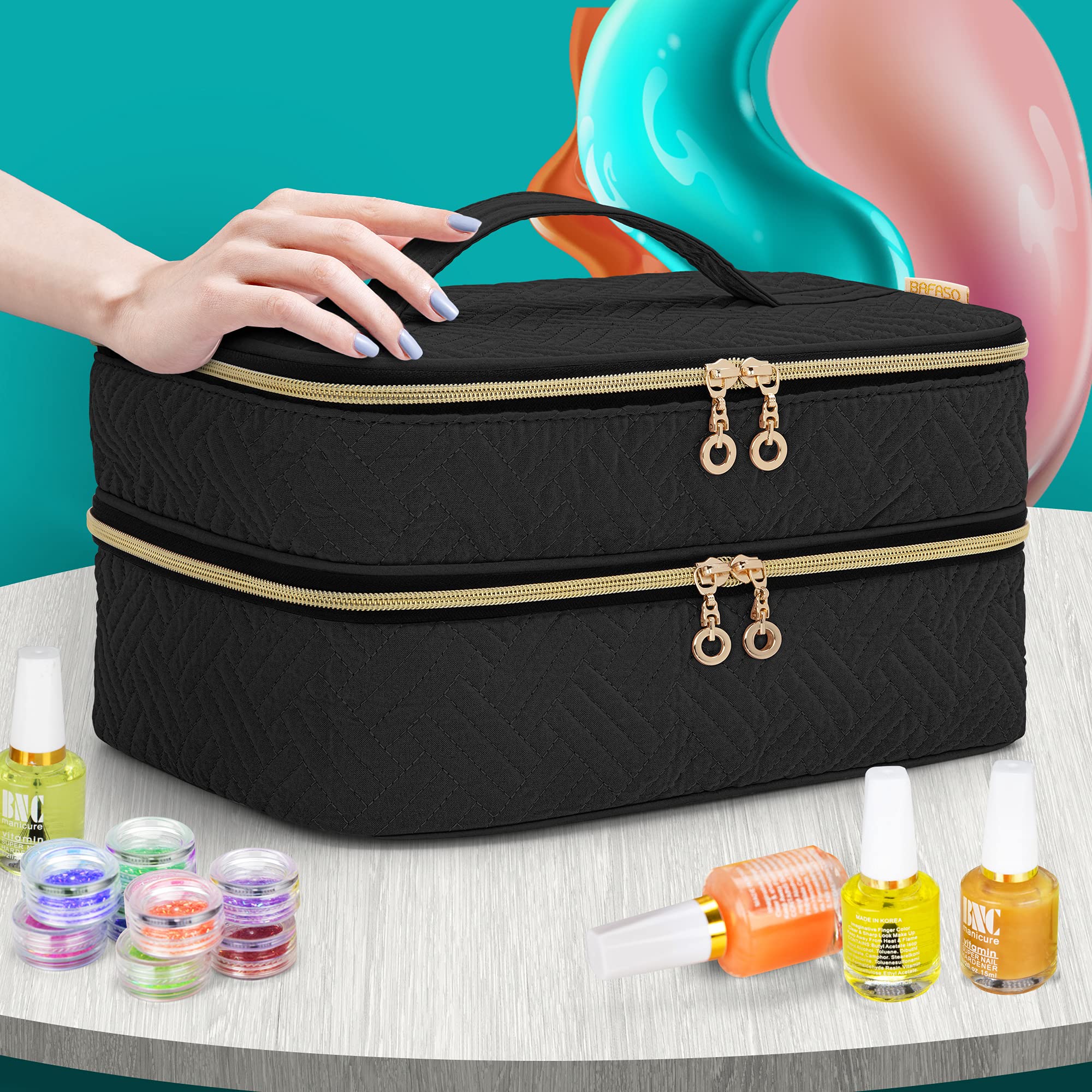 BAFASO 40 Bottle Nail Polish Organizer Case with Manicure Tools Storage - Holds 15ml (0.5 fl.oz) Bottles, Patented Black Design for Salon & Home Nail Care Organization