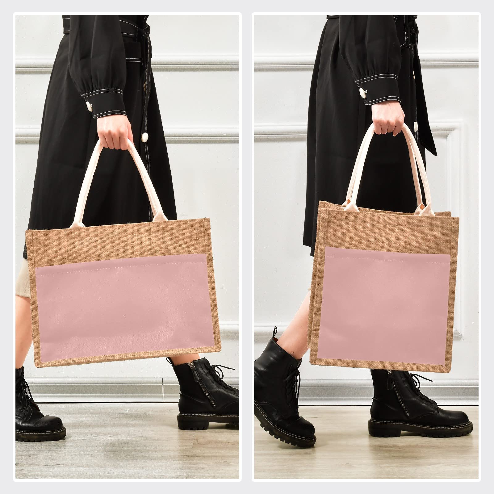 Linqin Pink Jute Tote Bag - Waterproof Burlap Straw Grocery Shopping Bag with Sturdy Handles - Eco-Friendly Reusable Bag for Beach, Travel, Market & Daily Use