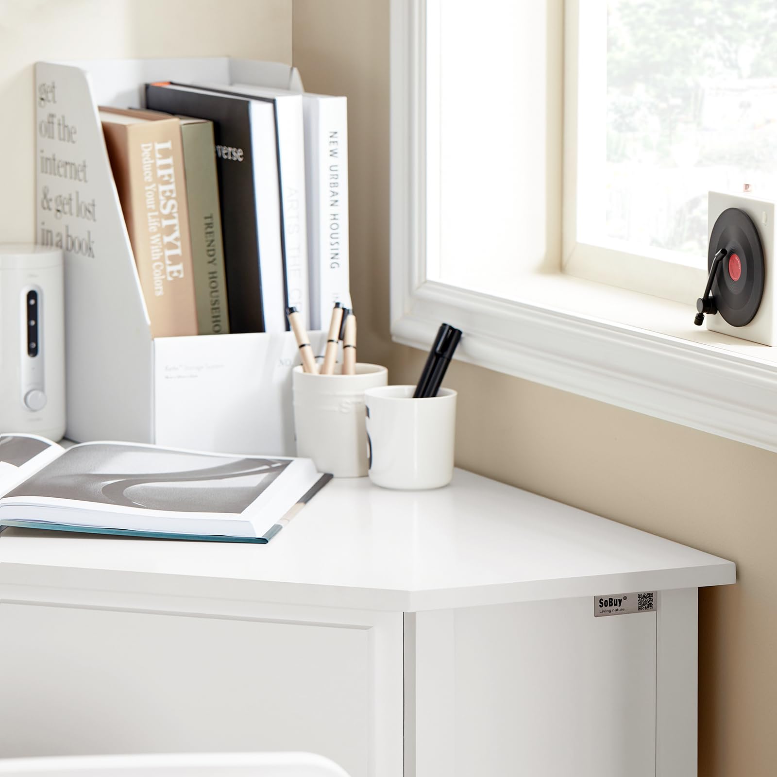 Haotian White Corner Desk with Drawer & Ladder Shelf - Compact Triangle Computer Desk for Small Spaces, Home Office Writing Table & Vanity Desk (Model FWT31-W) - Perfect for Apartments, Dorms & Workspaces