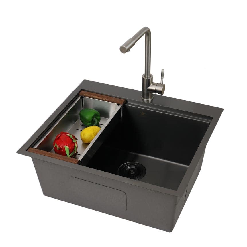 STARSTAR 25 x 22 x 10 Inch 304 Stainless Steel Single Bowl Kitchen Sink with Grid, Wooden Cutting Board, Colander & Strainer Basket - Perfect for Home, Office, Bar, Laundry or Outdoor Use
