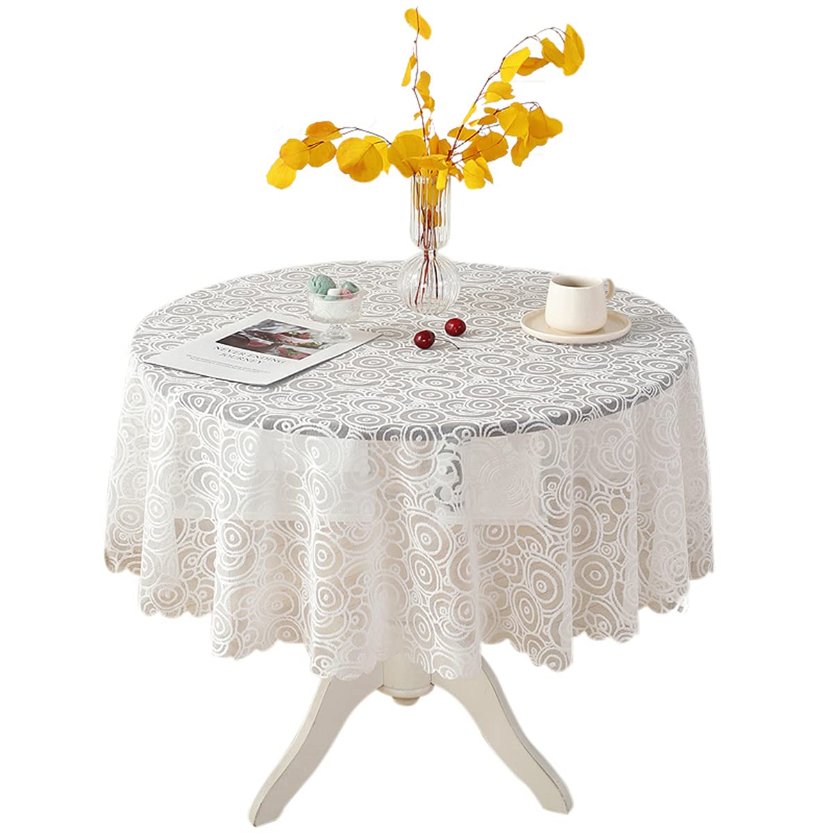 Vintage White Round Lace Tablecloth 48 Inch - Classic Elegant Lightweight Table Cover for Dining Room, Wedding, Tea Party & Home Decor