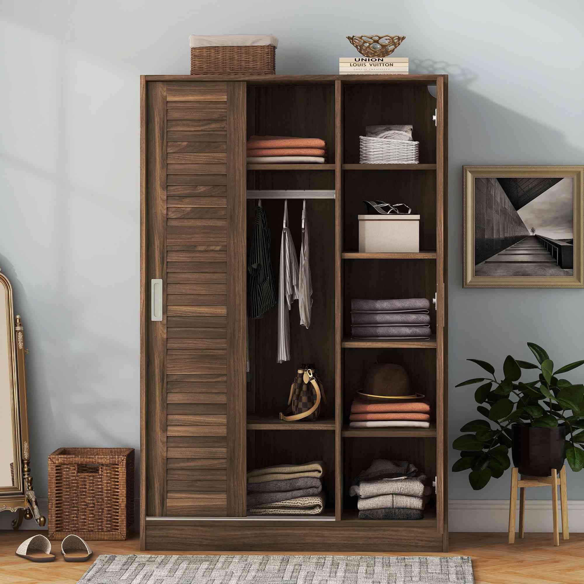 ATY Freestanding Wardrobe Closet with Storage Shelves & Hanging Rod - 2 Sliding Doors Clothes Organizer Armoire for Bedroom - Walnut Finish | Perfect for Small Spaces, Apartment Storage & Bedroom Organization