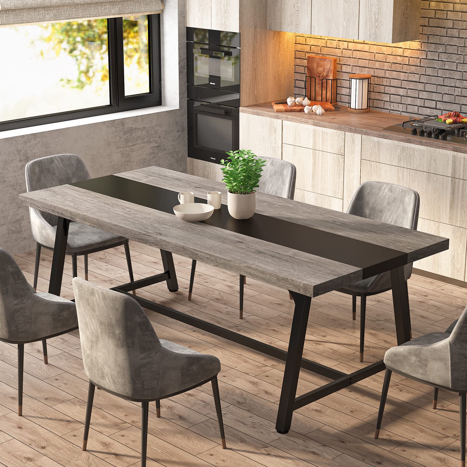 Tribesigns 70.87-inch Rectangular Dining Table for 8 People - Solid Wood Kitchen Table with Sturdy Metal Frame, Industrial Style Large Dining Room Table for Big Families (Gray, No Chair Included) - Perfect for Family Gatherings, Dinner Parties & Open Concept Living Spaces