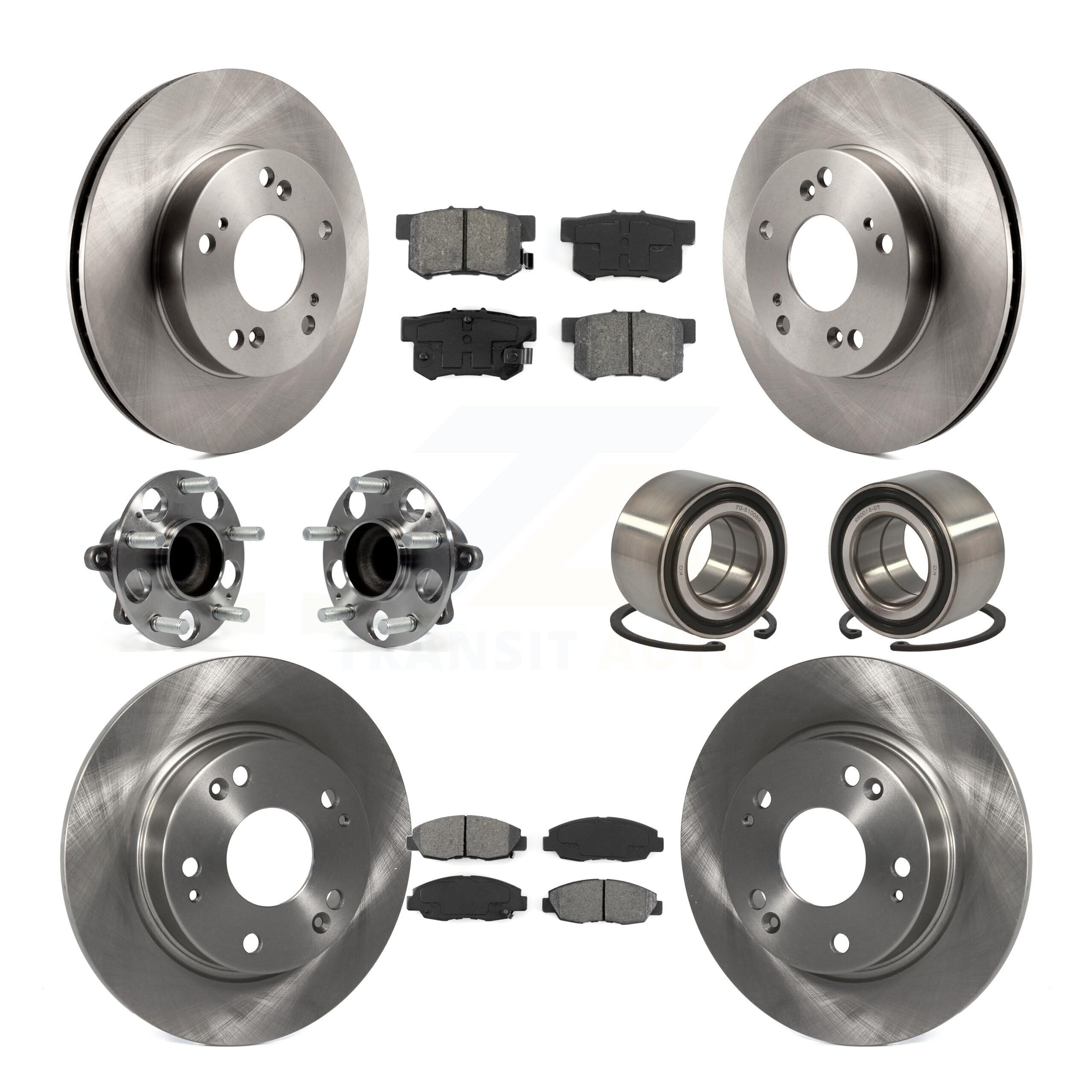2013-2014 Honda Civic LX Manual Transmission Front & Rear Wheel Hub Bearing Assembly with Disc Brake Rotor & Semi-Metallic Pad Kit (10Pc) - Left & Right Side (Driver & Passenger) KBB-106811 - Perfect for Brake System Replacement & Maintenance