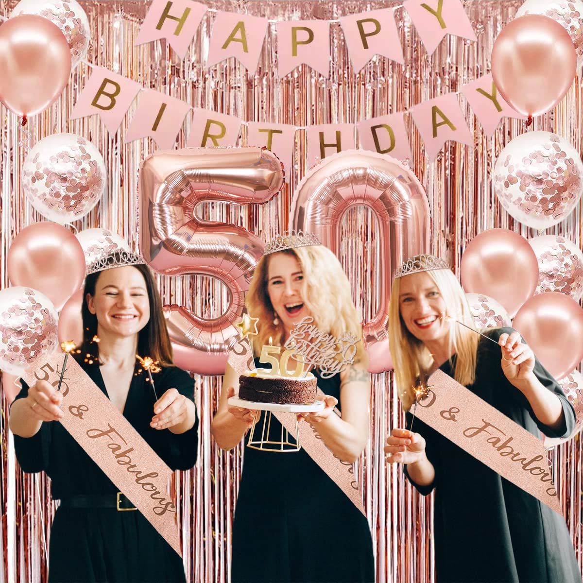 50th Birthday Party Decorations for Women - Rose Gold Happy 50th Birthday Banner, Crown, Sash, Cake Topper & Number Balloons Set - Perfect for Milestone Celebrations, Surprise Parties & Photo Backdrops