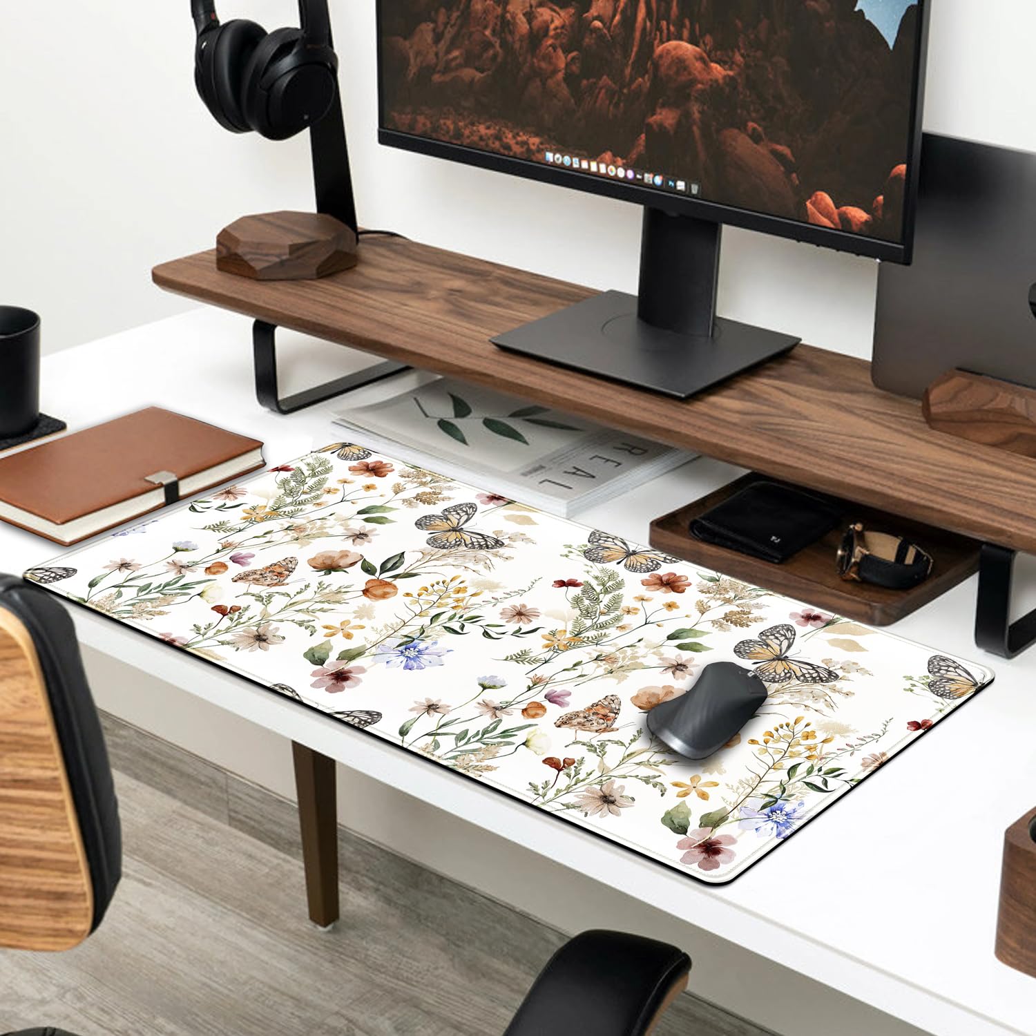 Floral White Large Mouse Pad with Stitched Edge - 31.5x15.8in XL Desk Mat for Computer, Keyboard & Gaming | Home Office Decor, Funny Plant Design | Perfect for Work, Gaming & Stylish Workspace Setup