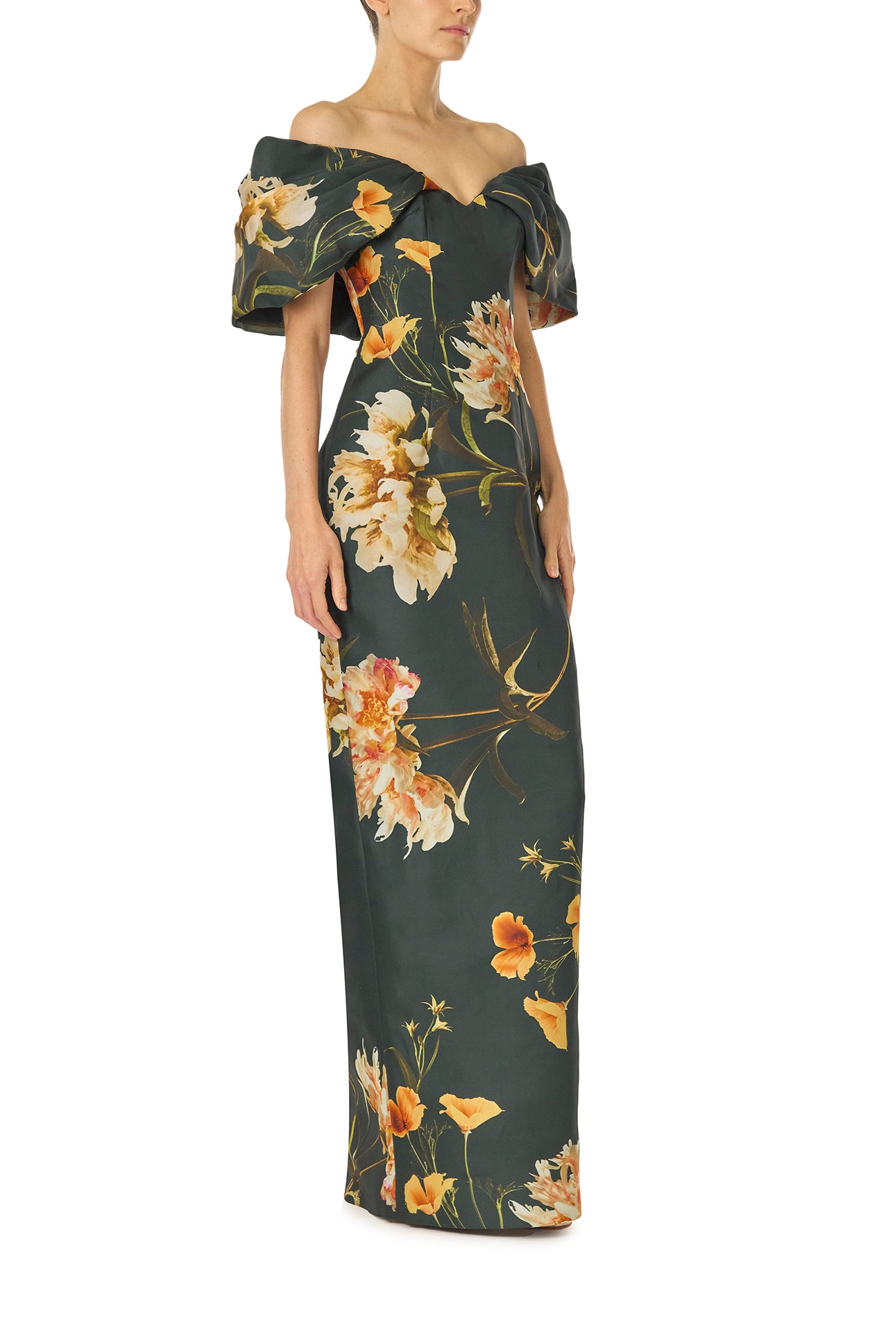 Elegant Off-the-Shoulder Floral Print Column Gown for Women - Perfect for Weddings, Proms & Formal Events