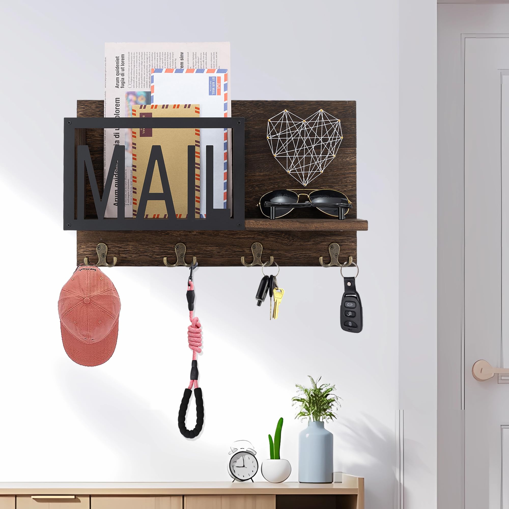 Rustic Wooden Mail Organizer with 4 Key Hooks - Dark Brown Entryway Wall Organizer for Keys, Letters & Bills | Perfect for Mudroom, Hallway or Home Office Decor
