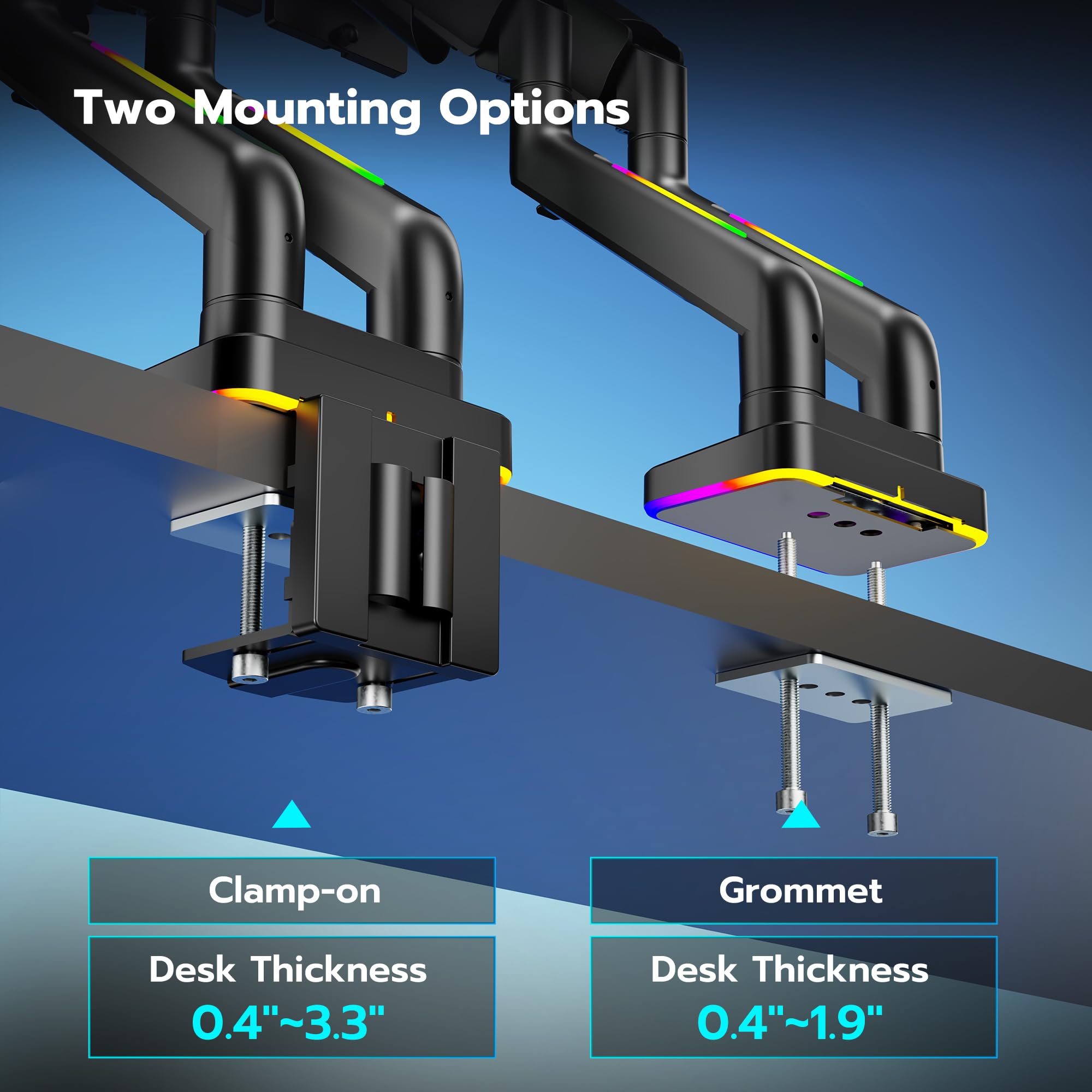 ARES WING Dual Monitor Arm Stand for 17-35 Inch Screens - Heavy Duty Adjustable Gas Spring RGB Monitor Mount with Clamp/Grommet Base, 75/100mm VESA Compatible - Perfect for Gaming Setup, Home Office & Workstation (Black)