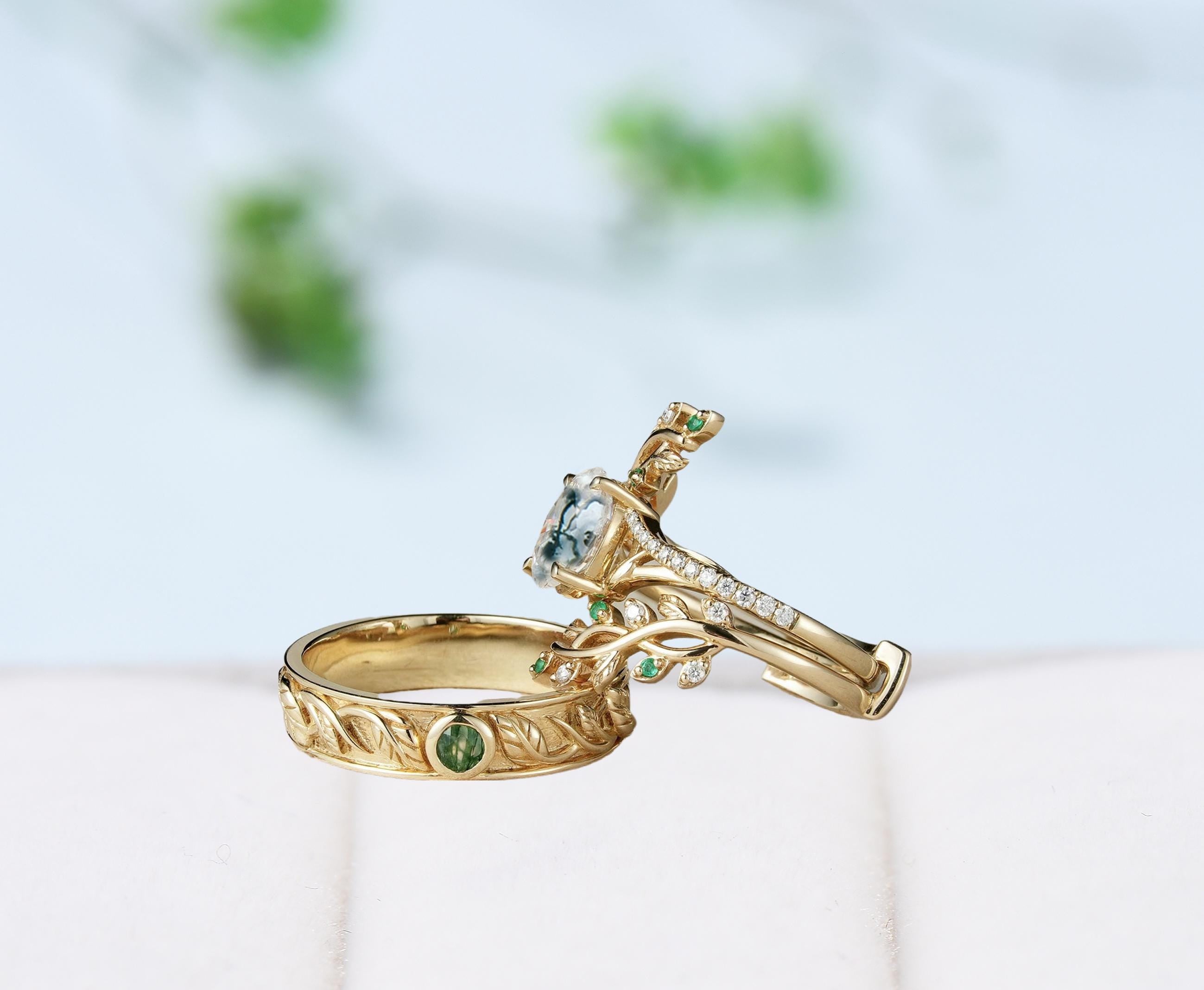 Nature-Inspired Moss Agate Couples Ring Set - Unique Leaf Vine Green Agate Wedding Band for Men & Women - His & Hers Engagement Ring Gift - Perfect for Anniversaries, Proposals & Romantic Occasions